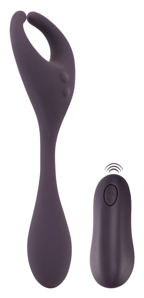 Lila Vibrator mit Fernbedienung. Der Vibrator hat eine geschwungene Form. Die Fernbedienung ist oval.