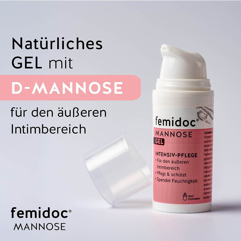 Flasche femidoc® Mannose Gel. Text: Natürliches Gel mit D-Mannose für den äußeren Intimbereich.