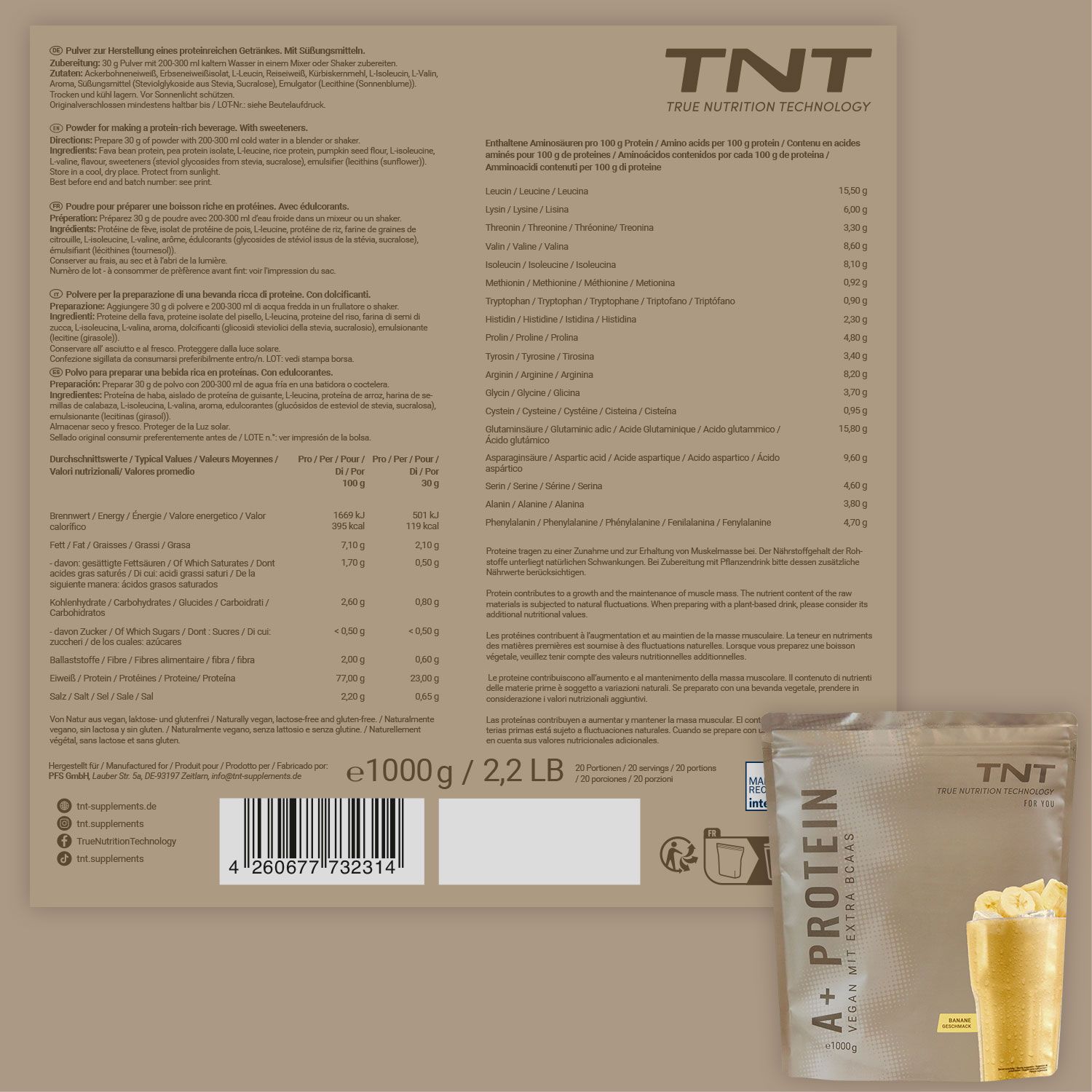 Rückseite einer Packung TNT A+ Protein mit Nährwertangaben und Zutatenliste. Daneben ein Beutel.