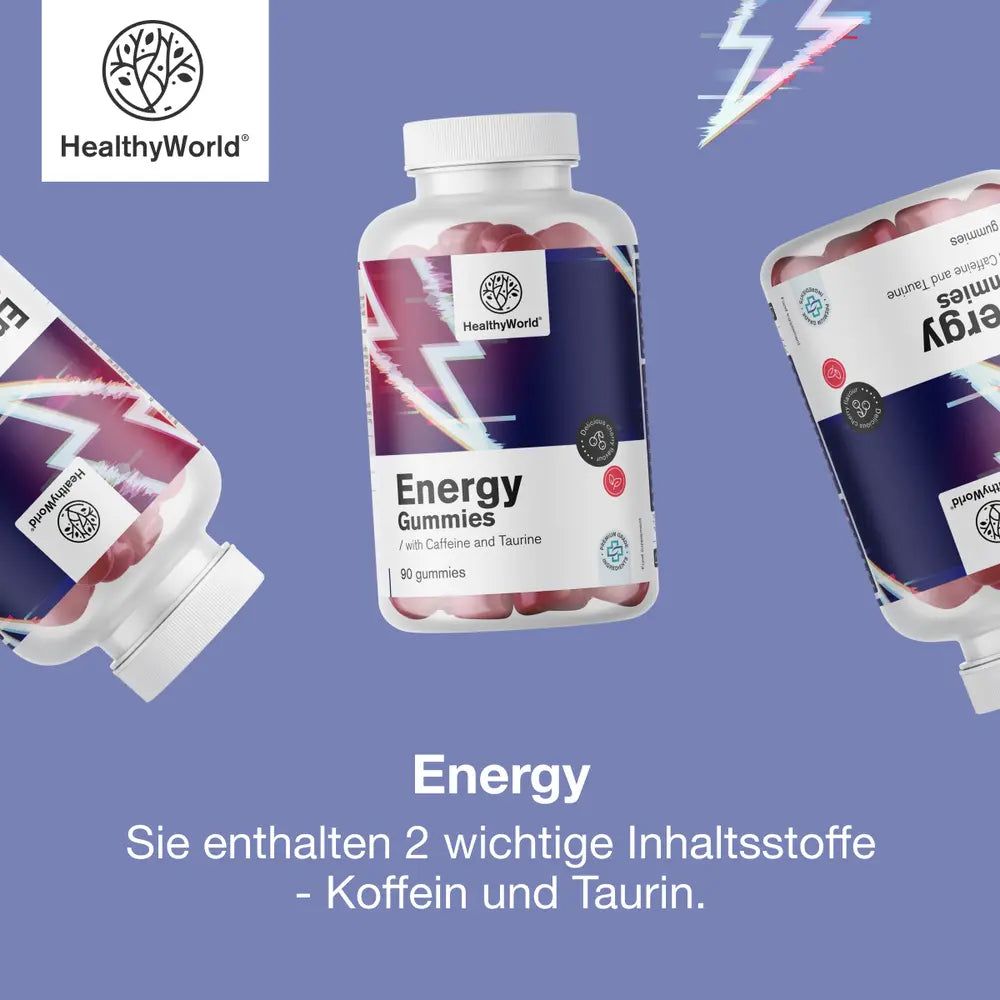 Flasche mit Energy Gummies, 90 Stück, mit Koffein und Taurin.