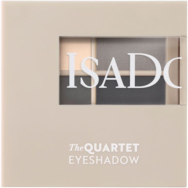 IsaDora The Eyeshadow Quartet. Beige quadratische Verpackung mit vier Lidschattenfarben. Schriftzug: IsaDora, The Quartet Eyeshadow.