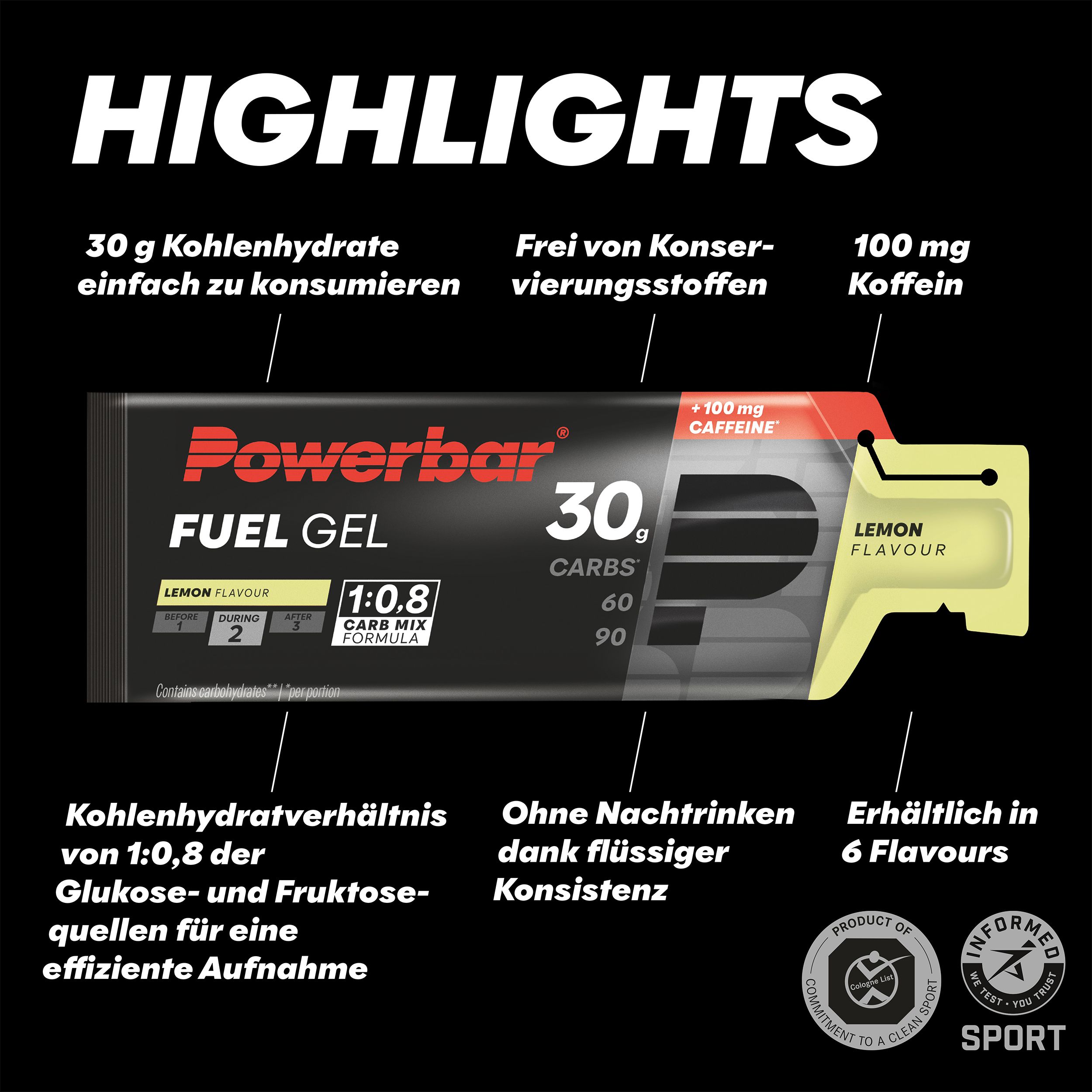 POWERBAR Kohlenhydratgel Fuel 30 Gel Black Line Lemon 100mg Koffein