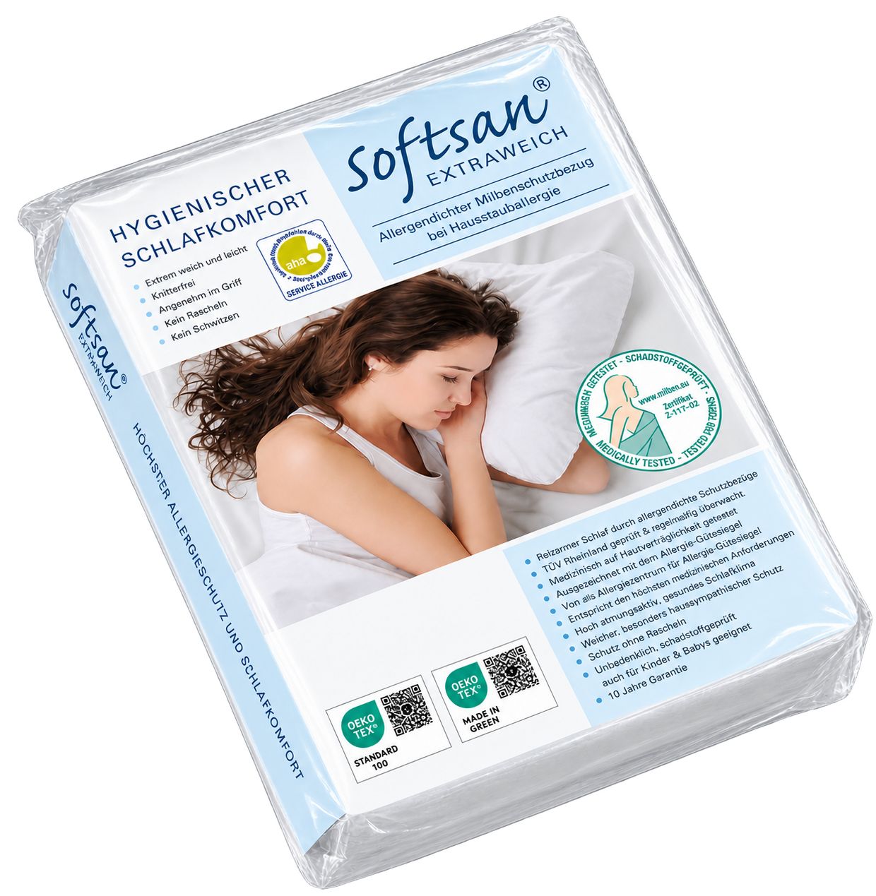 Verpackung des Softsan Anti Milben Encasing für Kissen mit Zertifizierungen und Produktabbildung.