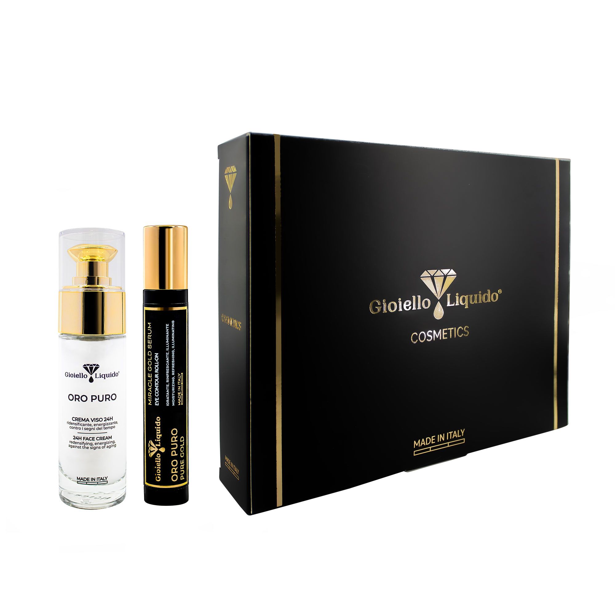 Geschenkbox mit Gesichtscreme-Flakon und Roll-on-Serum. Beschriftung: Gioiello Liquido COSMETICS. Made in Italy.