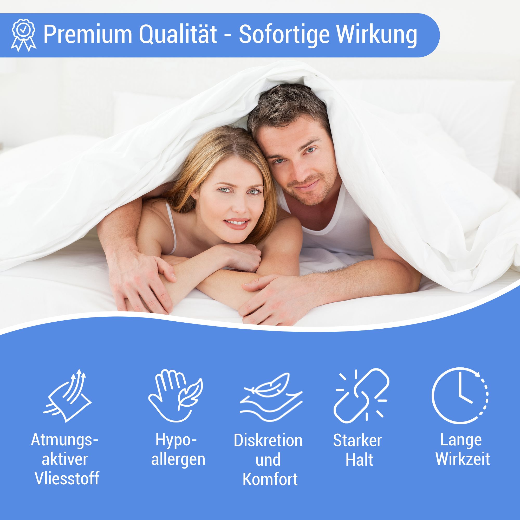 Paar im Bett unter Decke. Marke: Perfekt-Schlafen24. Eigenschaften: atmungsaktiv, hypoallergen, diskret, starker Halt, lange Wirkung.