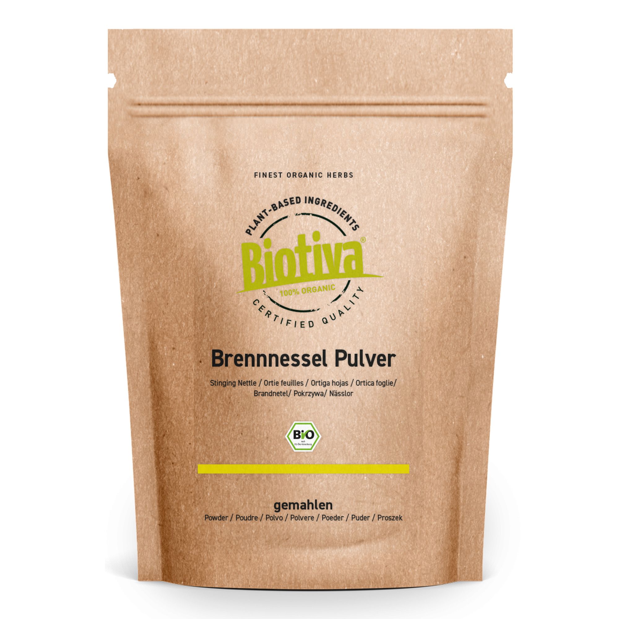 Beutel mit Produktaufdruck. Aufschrift: Biotiva, Brennnessel Pulver. Bio-Siegel. Braune Papierverpackung mit Zip-Verschluss.