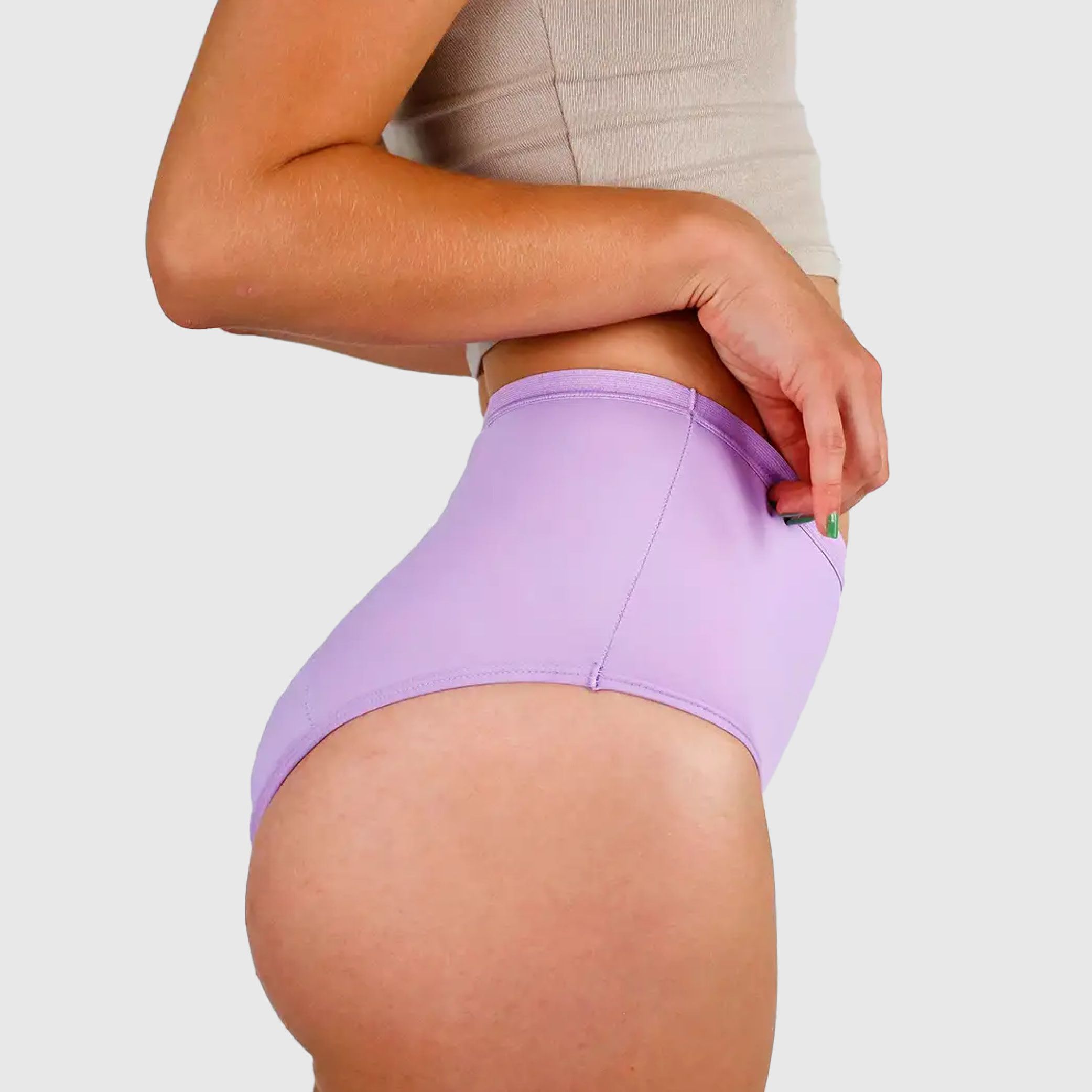 Lila High Waist Periodenunterwäsche aus weichem Stoff, Seitenansicht.