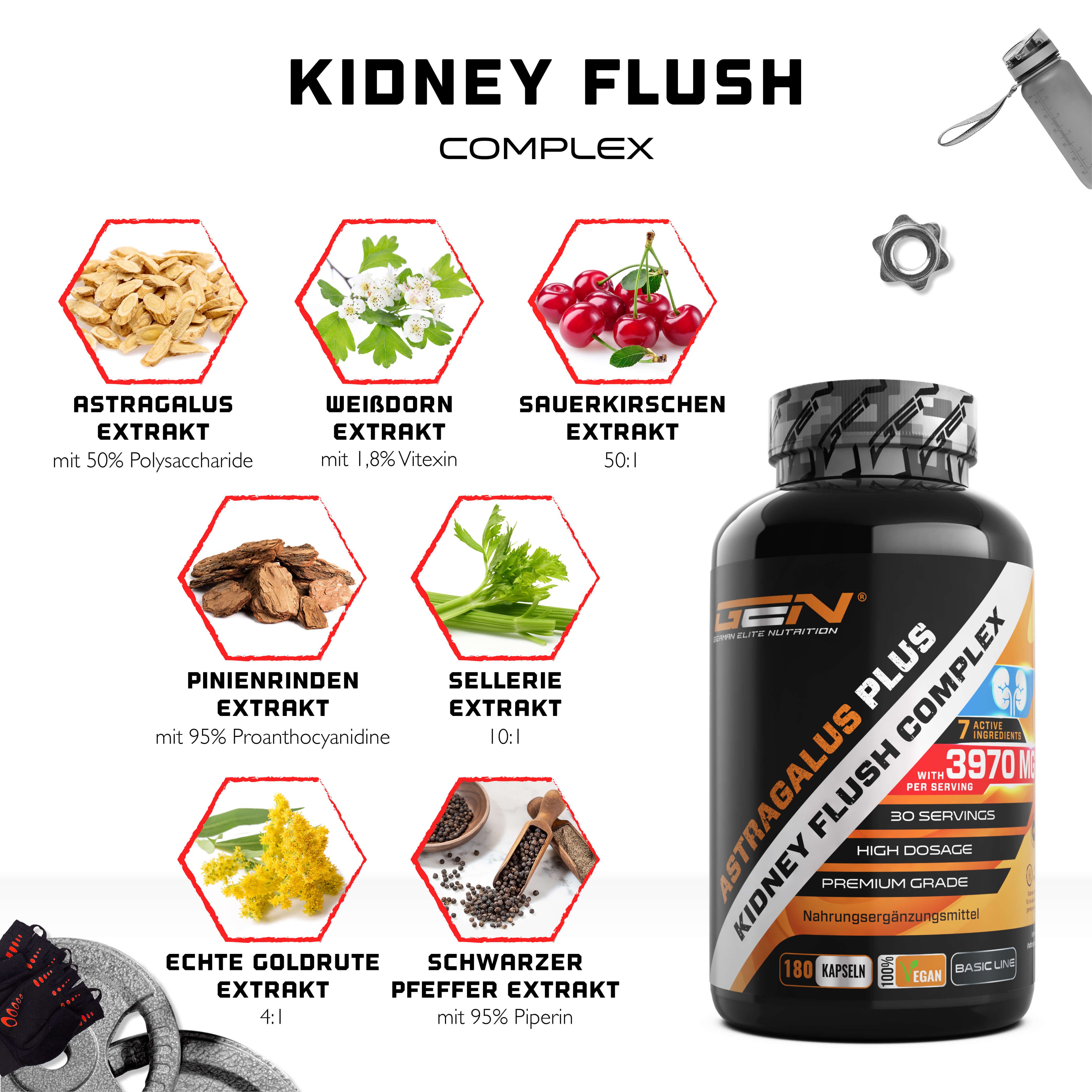 Produktabbildung mit GEN Astragalus Plus Flasche und Inhaltsstoff-Grafiken. Enthält Astragalus, Weißdorn, Sauerkirsche, etc.