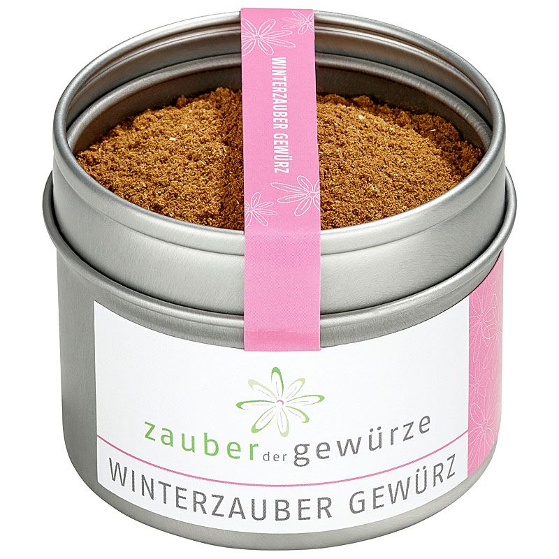 Runde Dose mit Winterzauber Gewürz. Rosa Etikett mit Schriftzug. Deckel mit rosa Band. Gewürzpulver sichtbar.