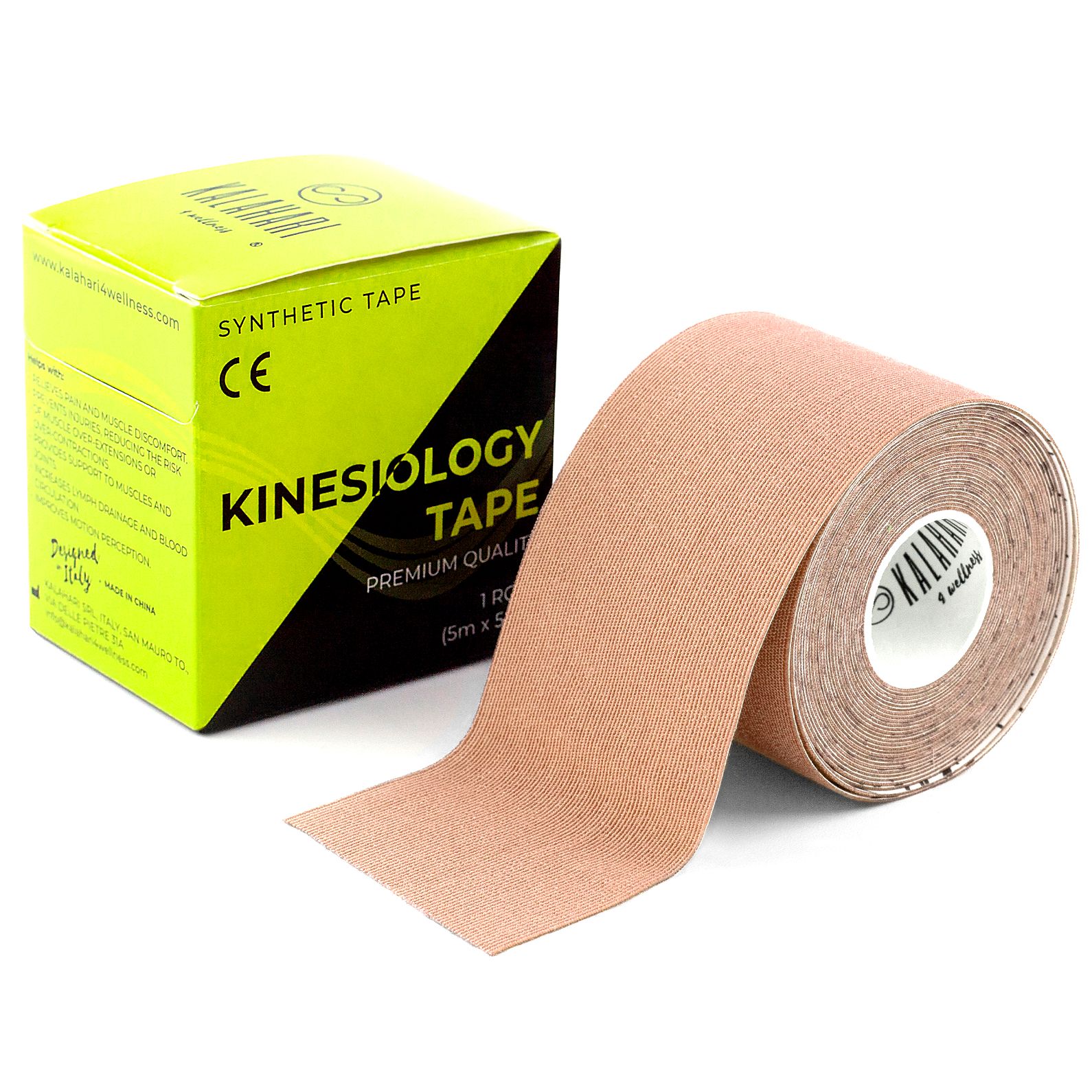 Kinesiologie-Tape-Rolle und Kartonverpackung. CE-Kennzeichnung sichtbar.