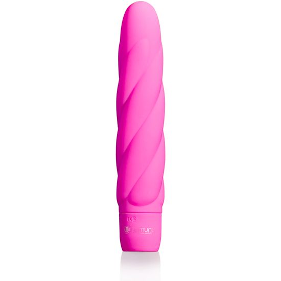 Rosa Silikon-Vibrator mit gedrehter Form. Unten ist der Markenname Lumunu zu sehen.
