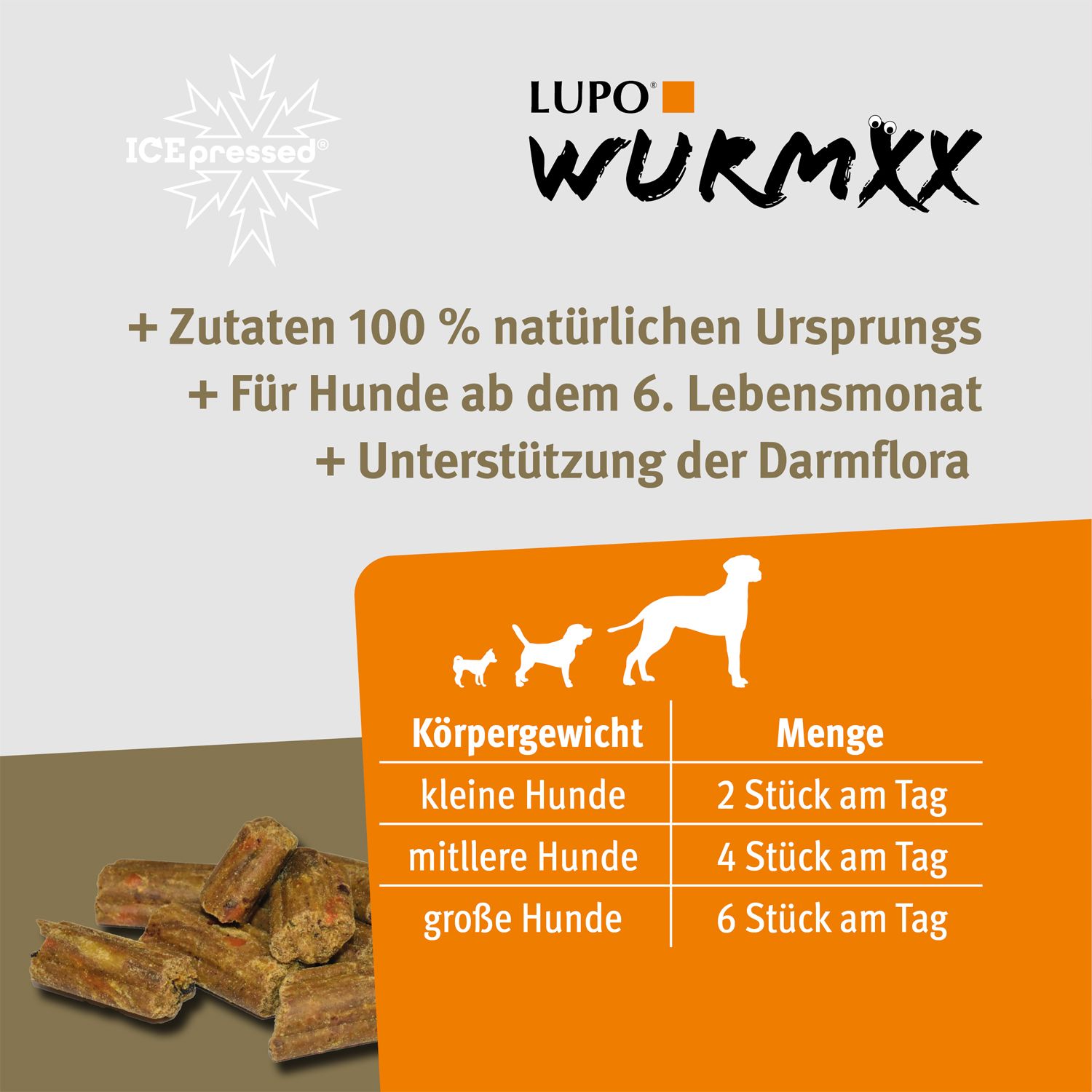 Text: Zutaten 100% natürlichen Ursprungs, für Hunde ab dem 6. Lebensmonat, Unterstützung der Darmflora. Tabelle mit Dosierung.