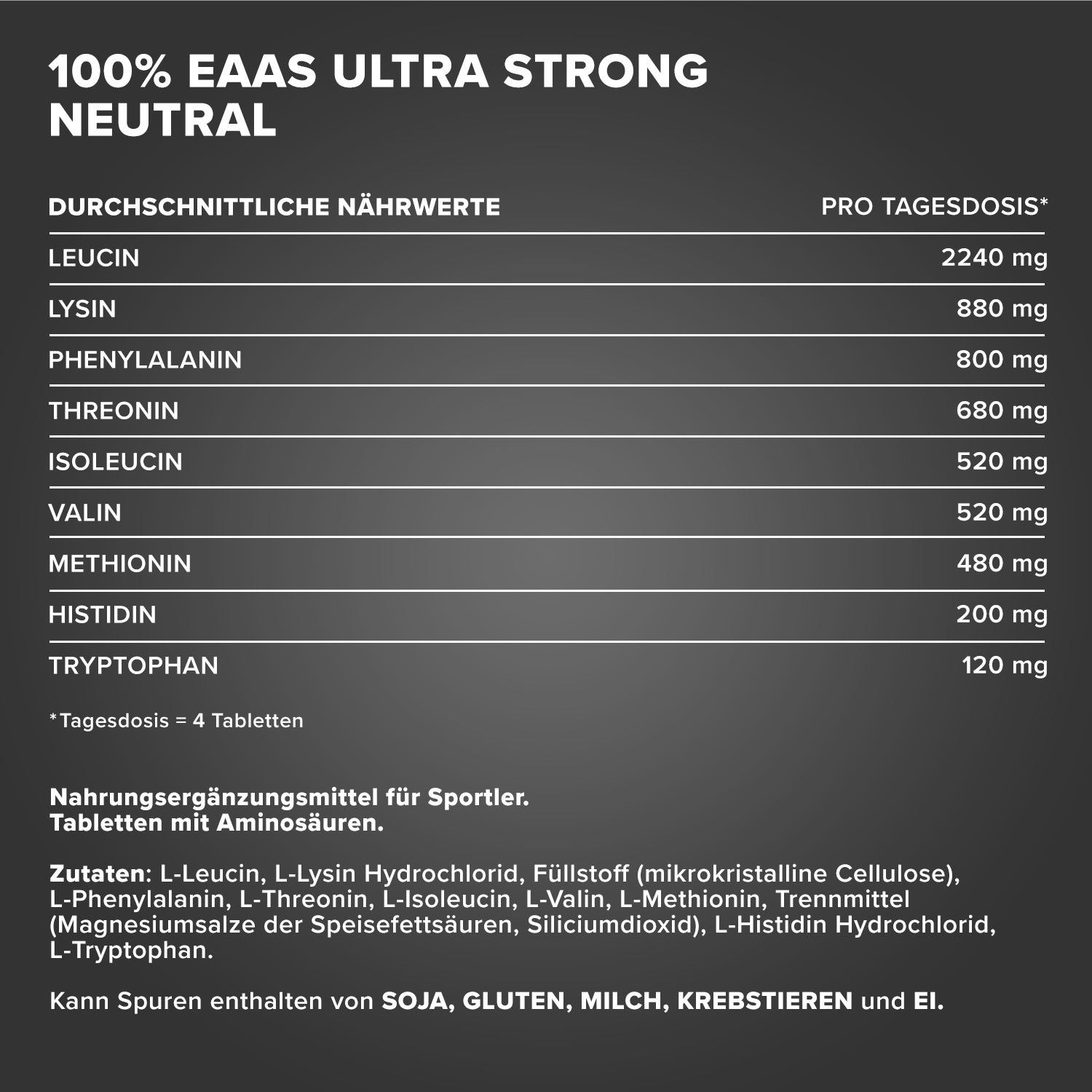 IronMaxx 100% EAAs Ultra Strong Dose umgeben von Icons: 90 Tabletten, vegan, EAAs + Histidin, geprüfte Qualität.