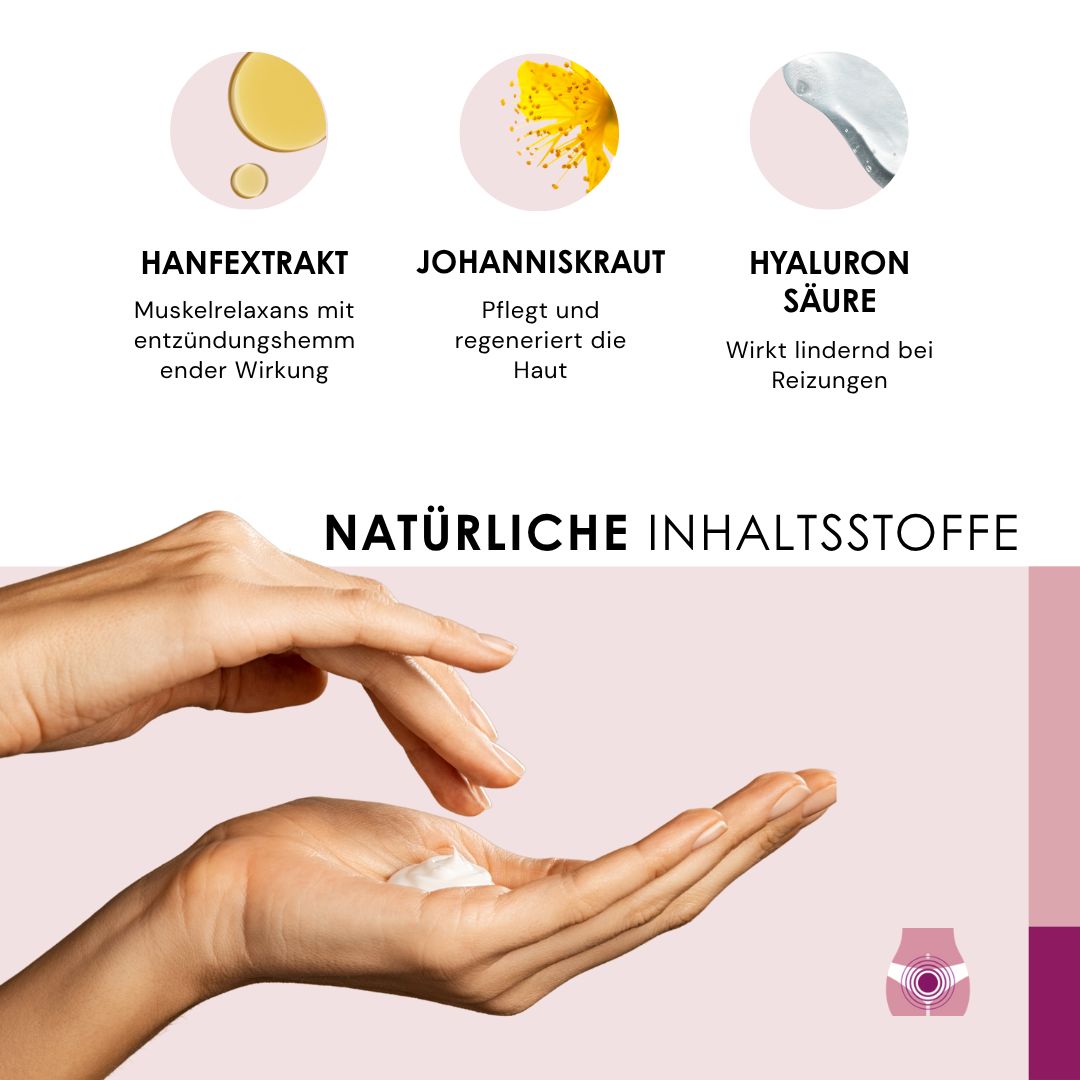 Text: HANFEXTRAKT, JOHANNISKRAUT, HYALURONSÄURE. Hände mit Creme. Rosa Hintergrund.