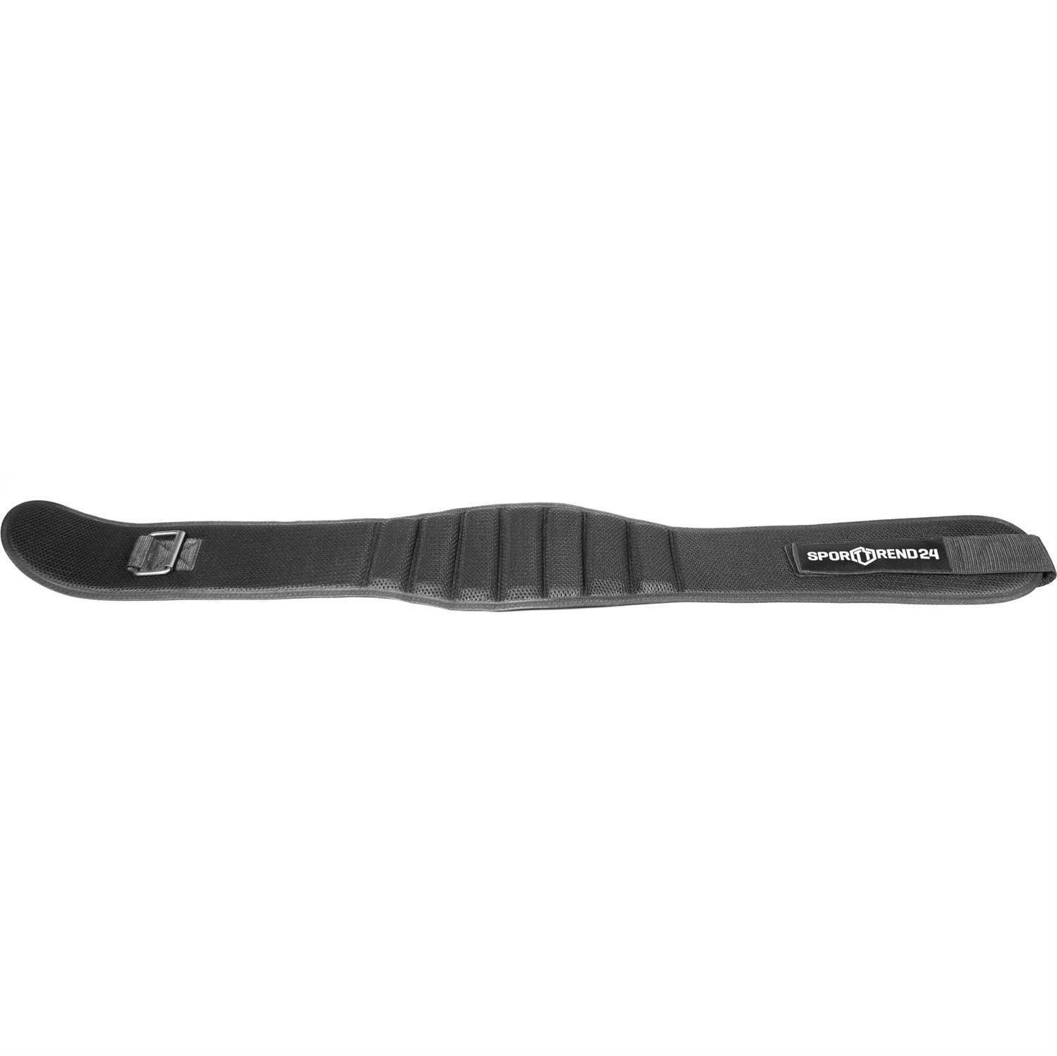 Schwarzer Gewichthebergürtel, flache Ansicht. Mesh-Material, Metallschnalle. Marke: Sporttrend24.