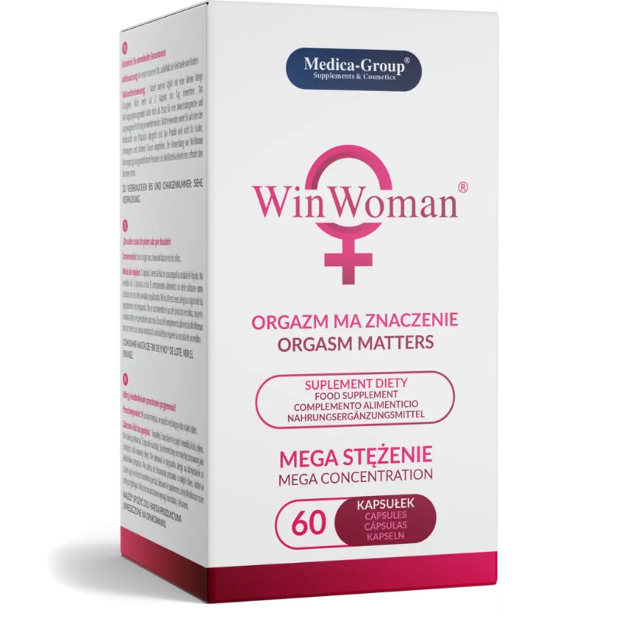 WinWoman-Verpackung. Aufschrift: Orgasmus hat Bedeutung. 60 Kapseln. Medica-Group Logo. Weiße Schachtel mit rosa und schwarzen Details.
