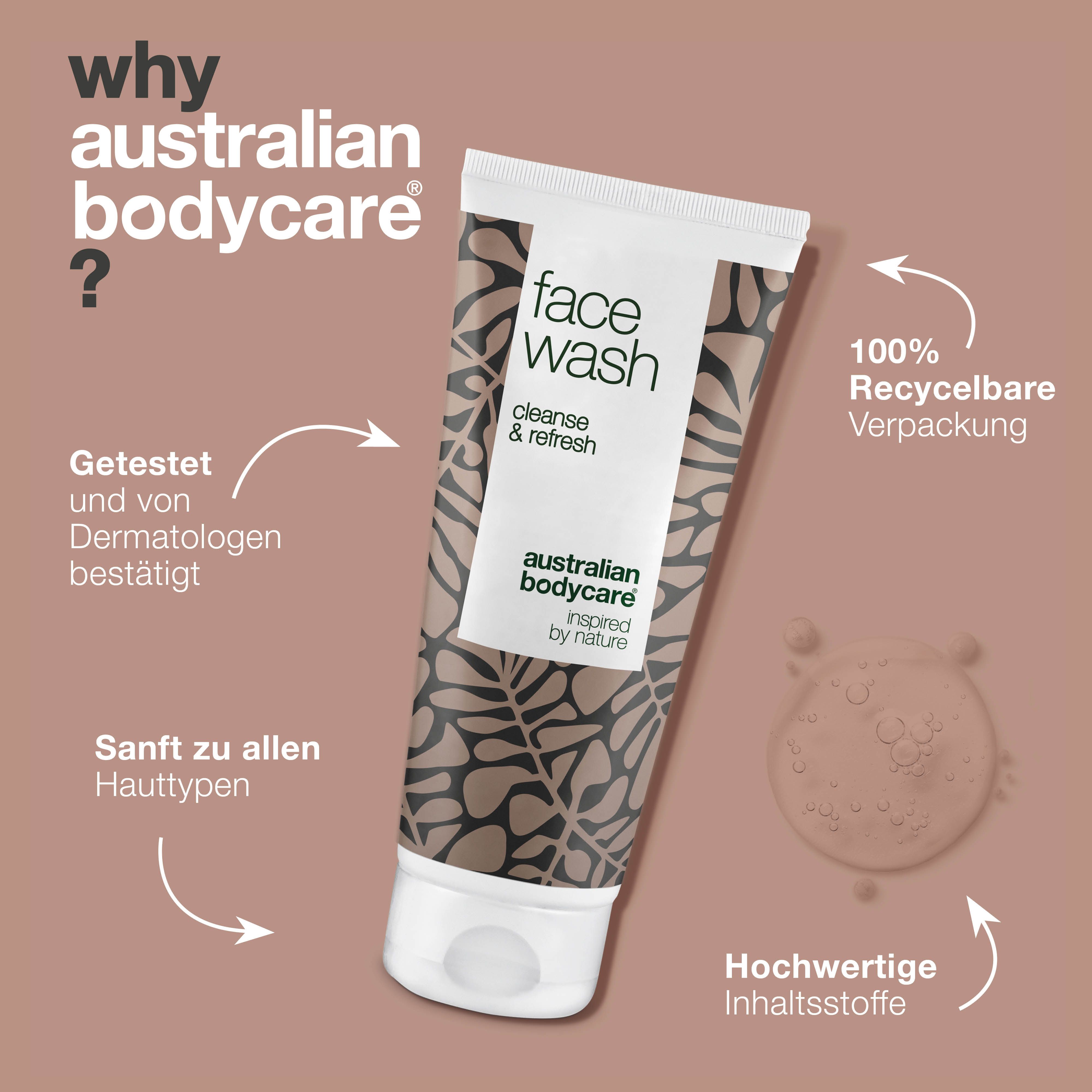 Gesichtswaschgel. Aufschrift: face wash, cleanse & refresh. Marke: Australian Bodycare.