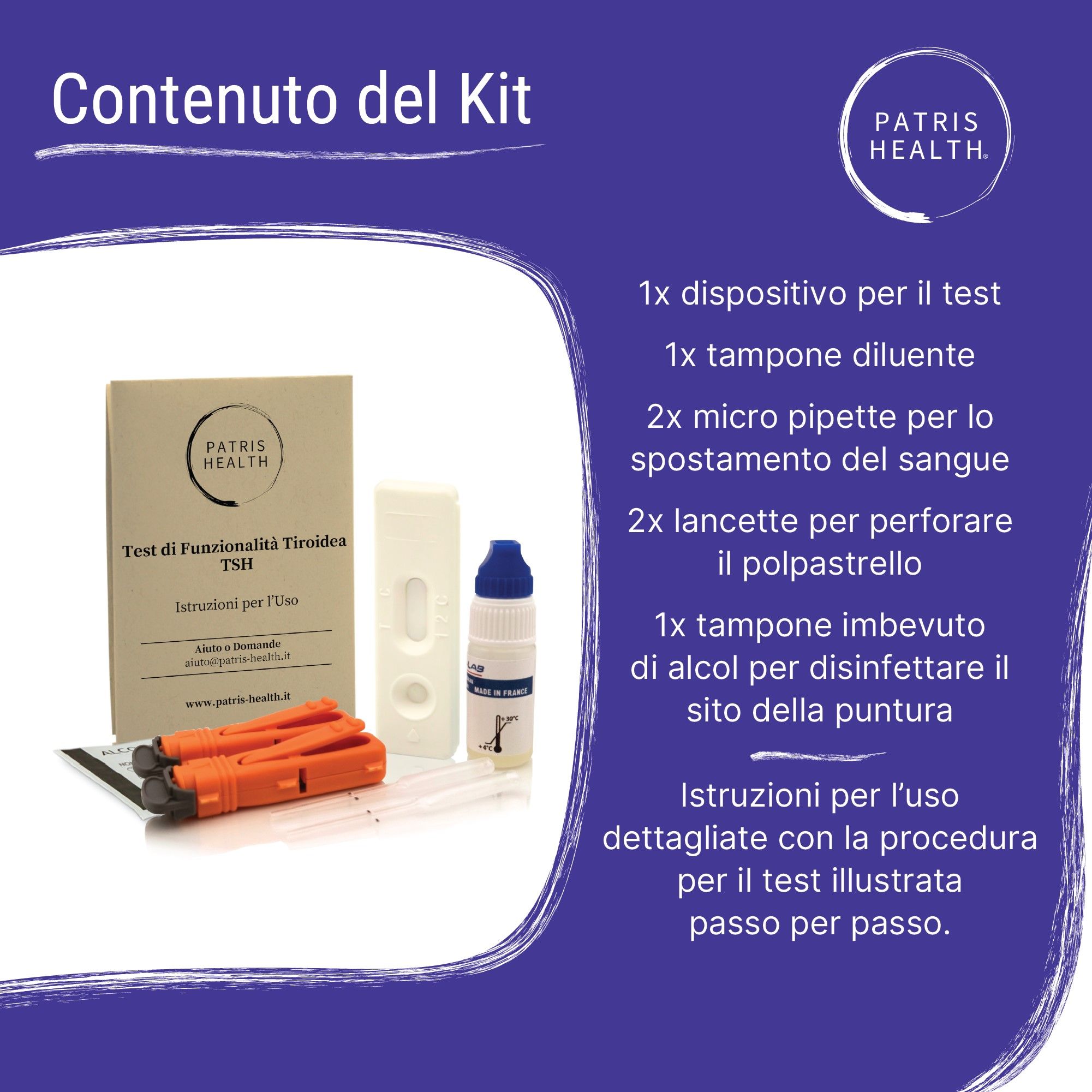 Punti chiave del test TSH Patris Health®. Informazioni su specificità, accuratezza, affidabilità e certificazione.