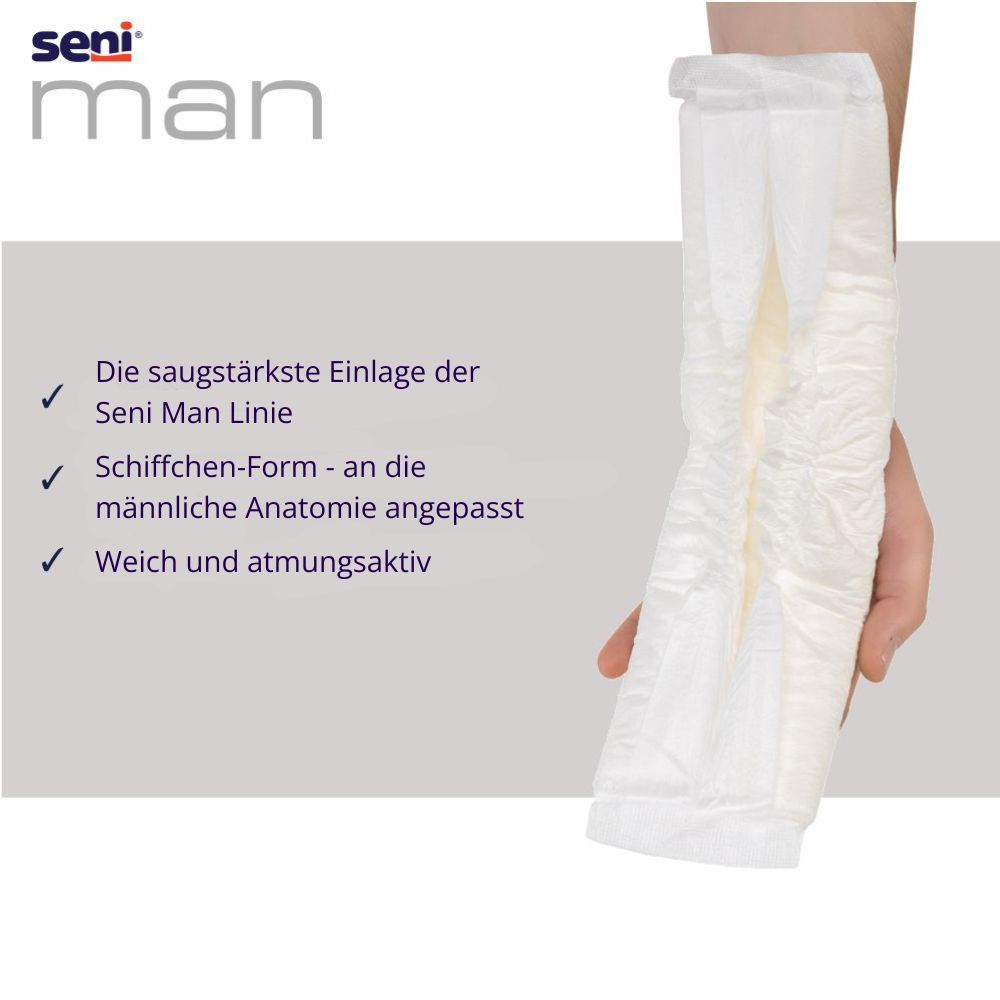 Seni Man Inkontinenzeinlage, gehalten von einer Hand. Eigenschaften: saugstark, anatomisch angepasst, weich und atmungsaktiv. Produktname sichtbar.