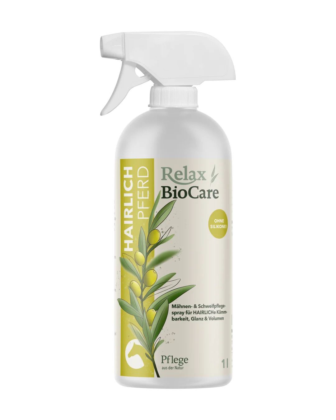 Weiße Sprühflasche mit gelbem Etikett. Aufschrift: Relax BioCare Hairlich Pferd. Abbildung eines Zweigs mit Oliven.