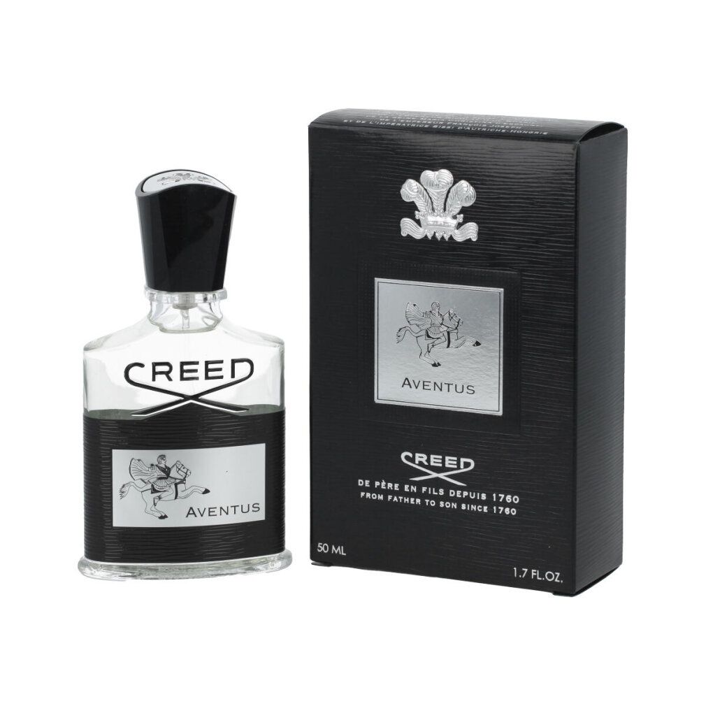 Creed Aventus Flakon und Verpackung. Schwarze Verpackung mit weißem Logo und Text. Flakon mit schwarzem Verschluss.