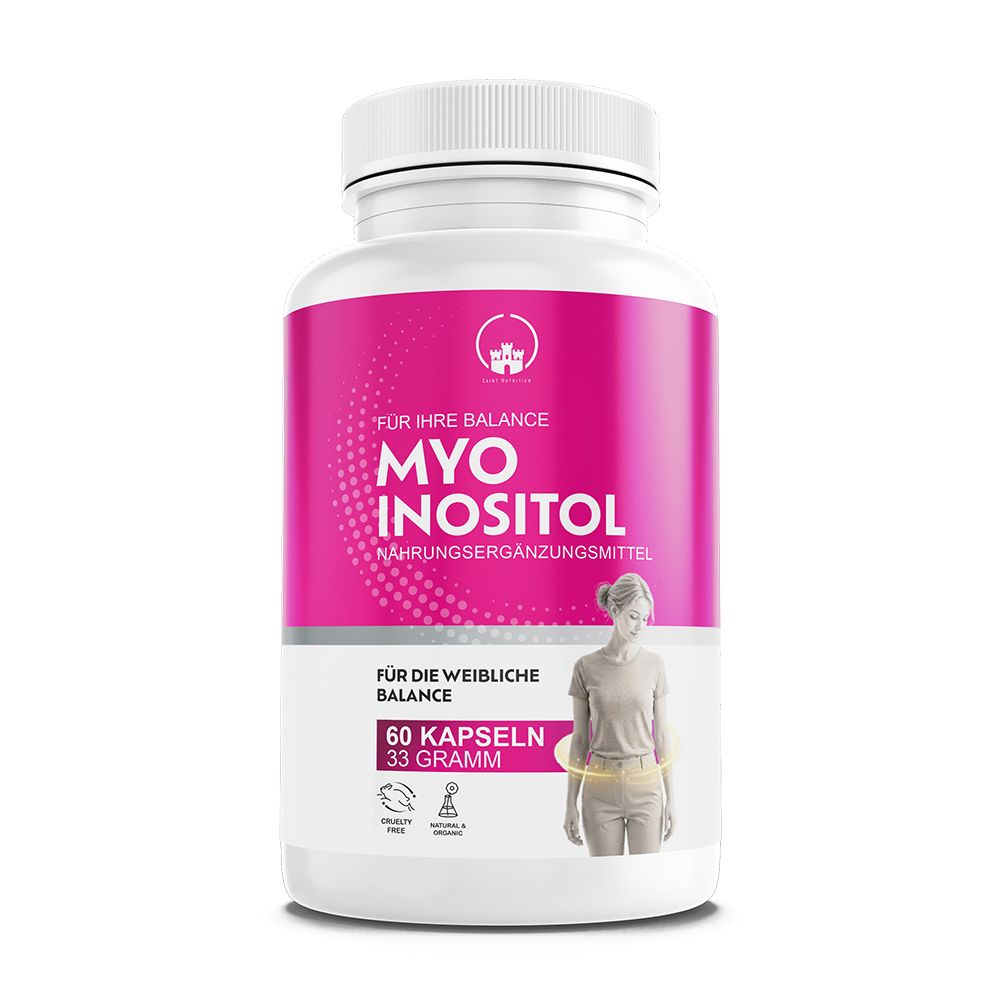 Produktverpackung mit rosa Etikett. Text: Myo Inositol, Nahrungsergänzungsmittel. 60 Kapseln, 33 Gramm. Für die weibliche Balance.