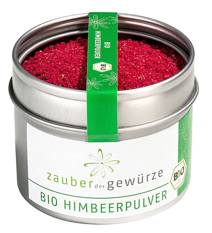 Runde Dose mit Himbeerpulver. Grün-weißes Etikett mit Schriftzug und Bio-Siegel. Deckel mit grünem Band.