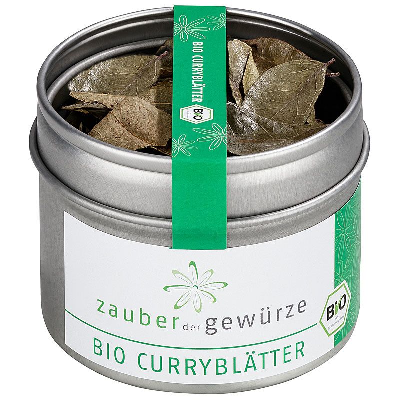 Runde Dose mit Bio Curryblättern. Grün-weißes Etikett mit Produktname und Bio-Siegel. Deckel mit grüner Banderole.