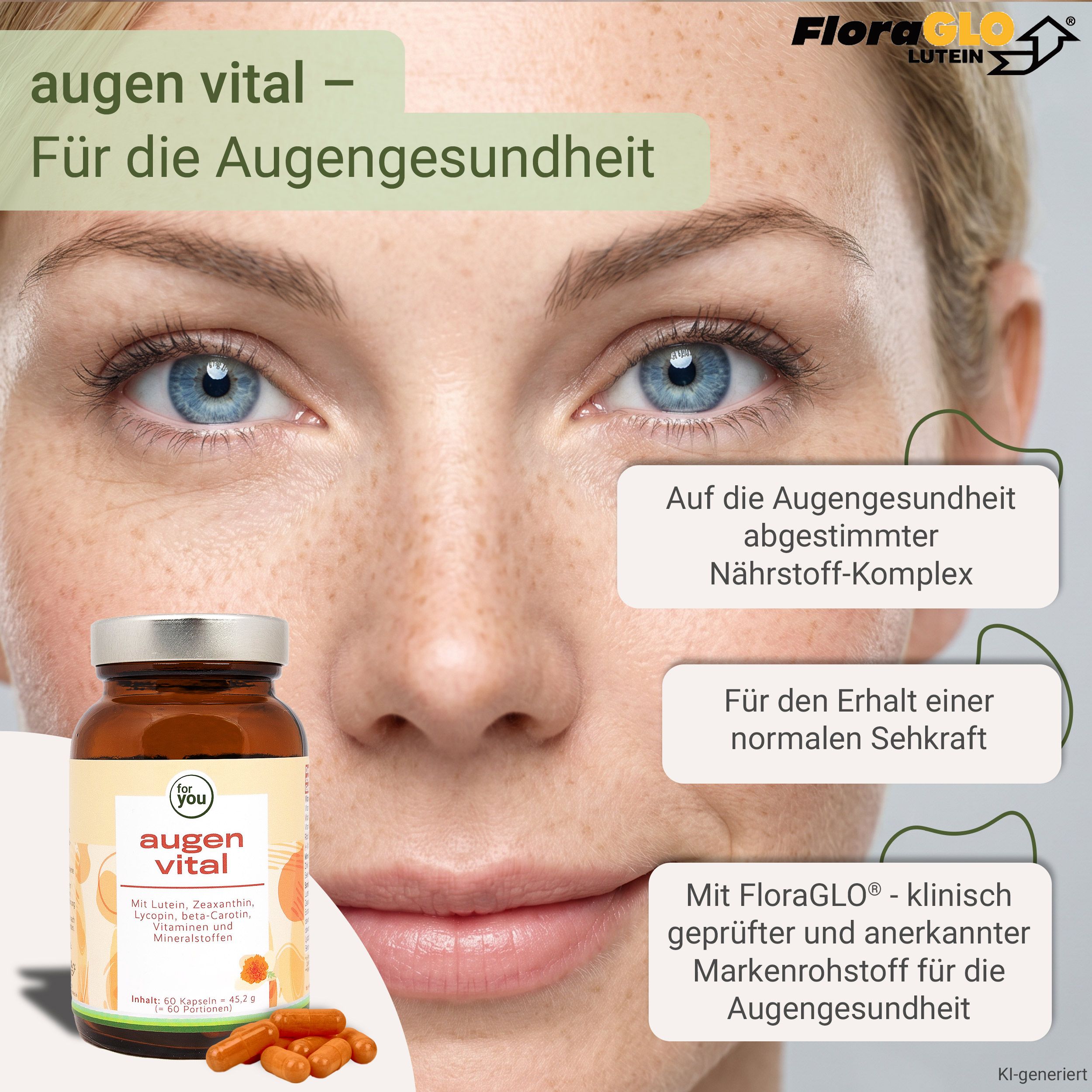 Braune Glasflasche mit "augen vital" Etikett und Kapseln daneben.