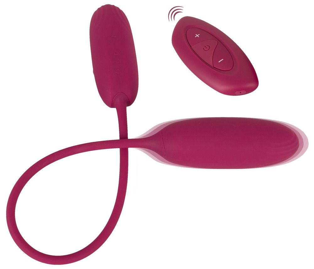 Pinkfarbenes Vibrations-Ei-Duo mit Fernbedienung. Zwei Eier mit flexiblen Stielen, verbunden mit einer Fernbedienung.