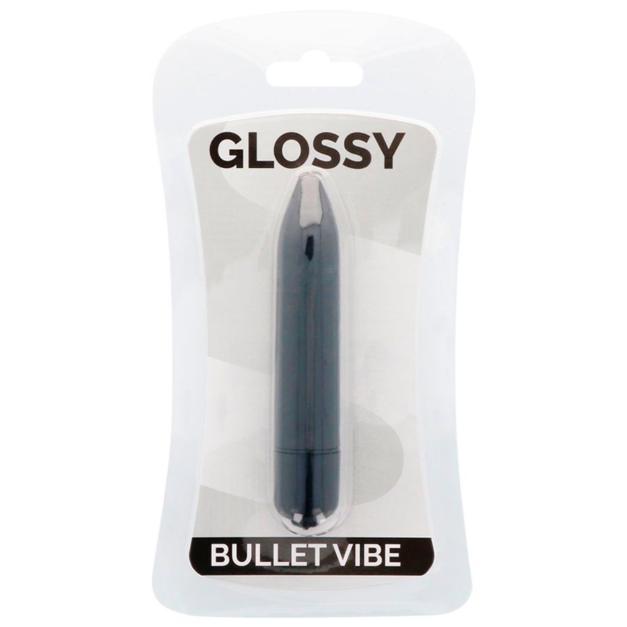 GLOSSY Bullet Vibe in Blisterverpackung. Schwarzer Minivibrator mit abgerundeter Spitze. Produktname auf der Verpackung.