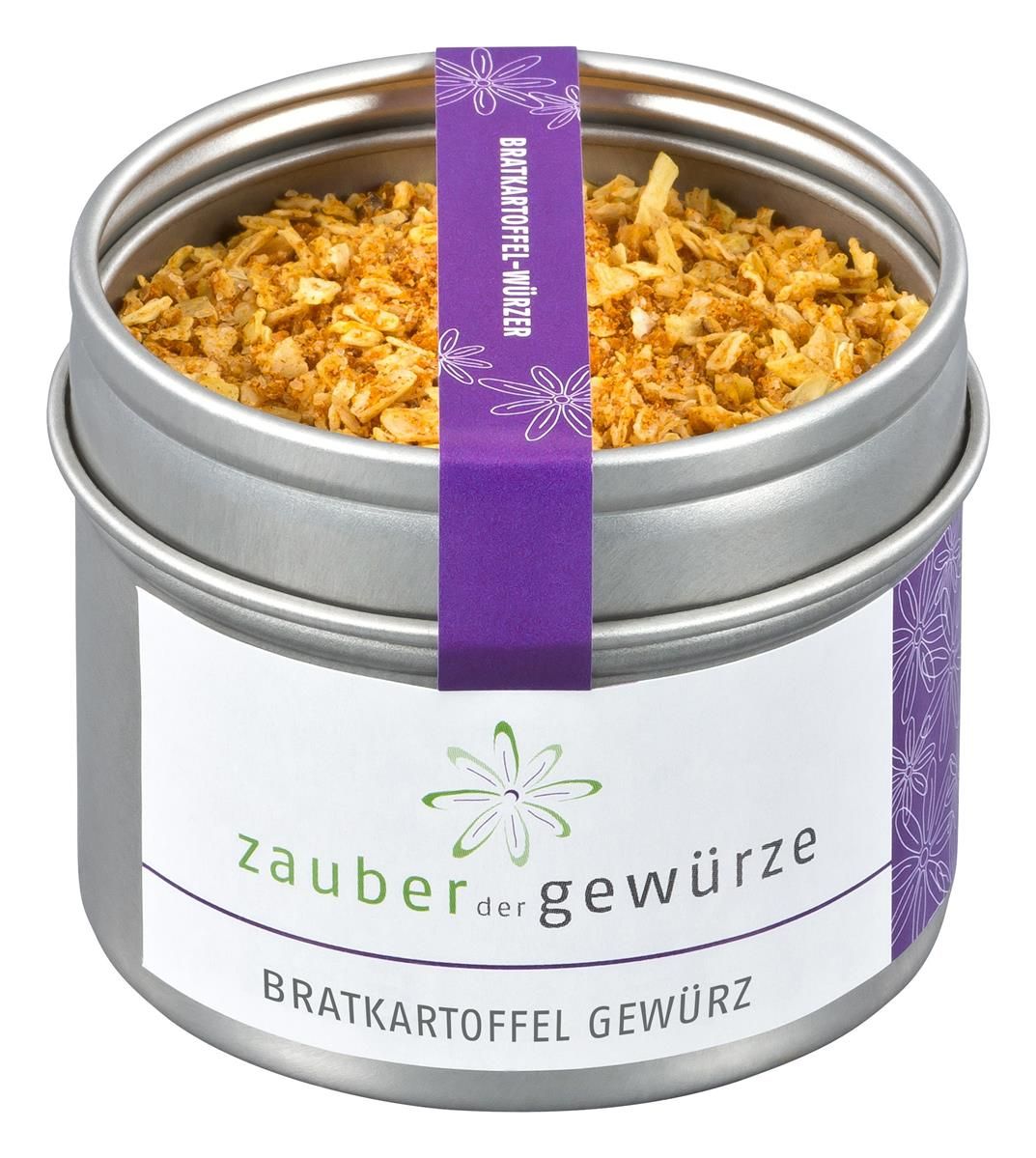 Runde Metall-Gewürzdose mit Deckel. Aufkleber mit Produktnamen und Logo. Lila Band mit Produktnamen. Inhalt: Bratkartoffel Gewürz.