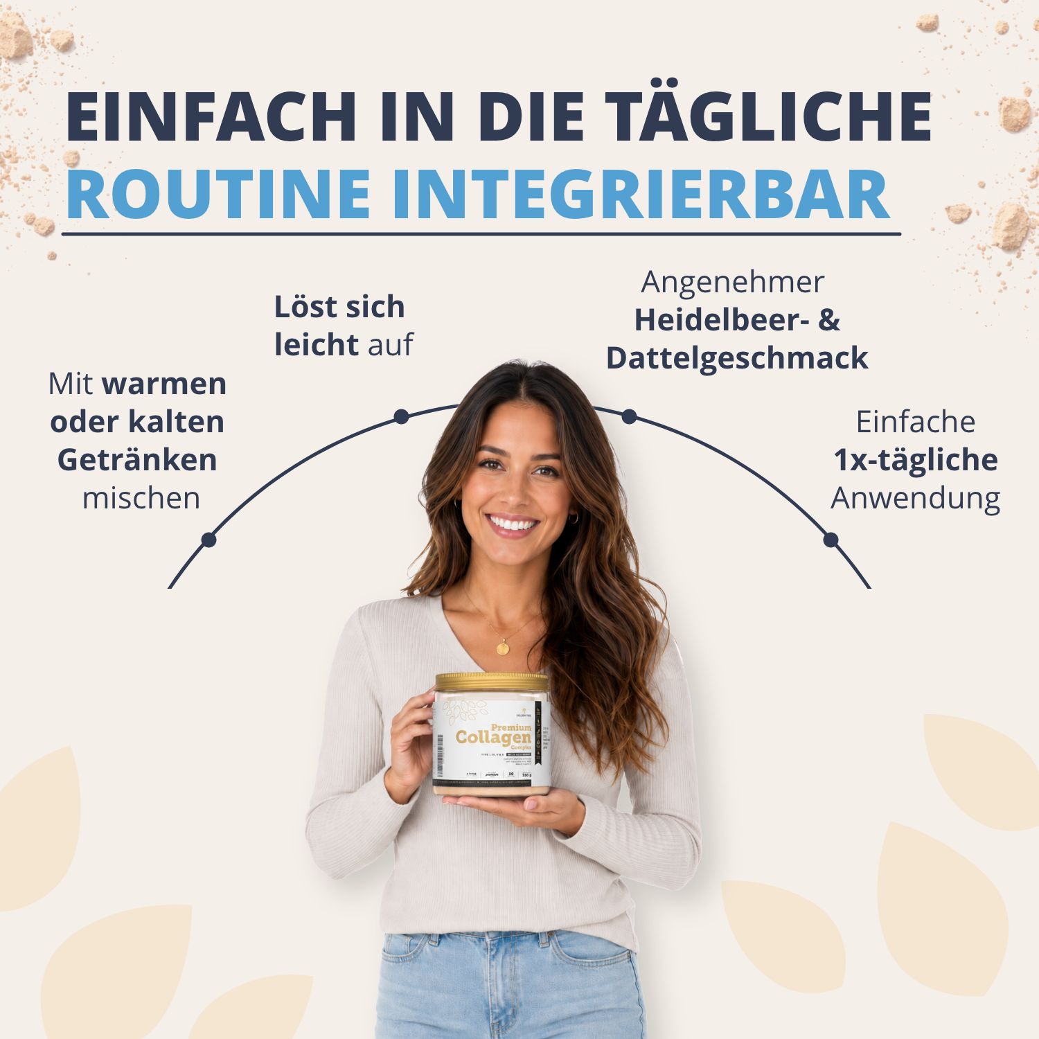 Frau hält Golden Tree Premium Collagen Complex, integrierbar in die tägliche Routine.