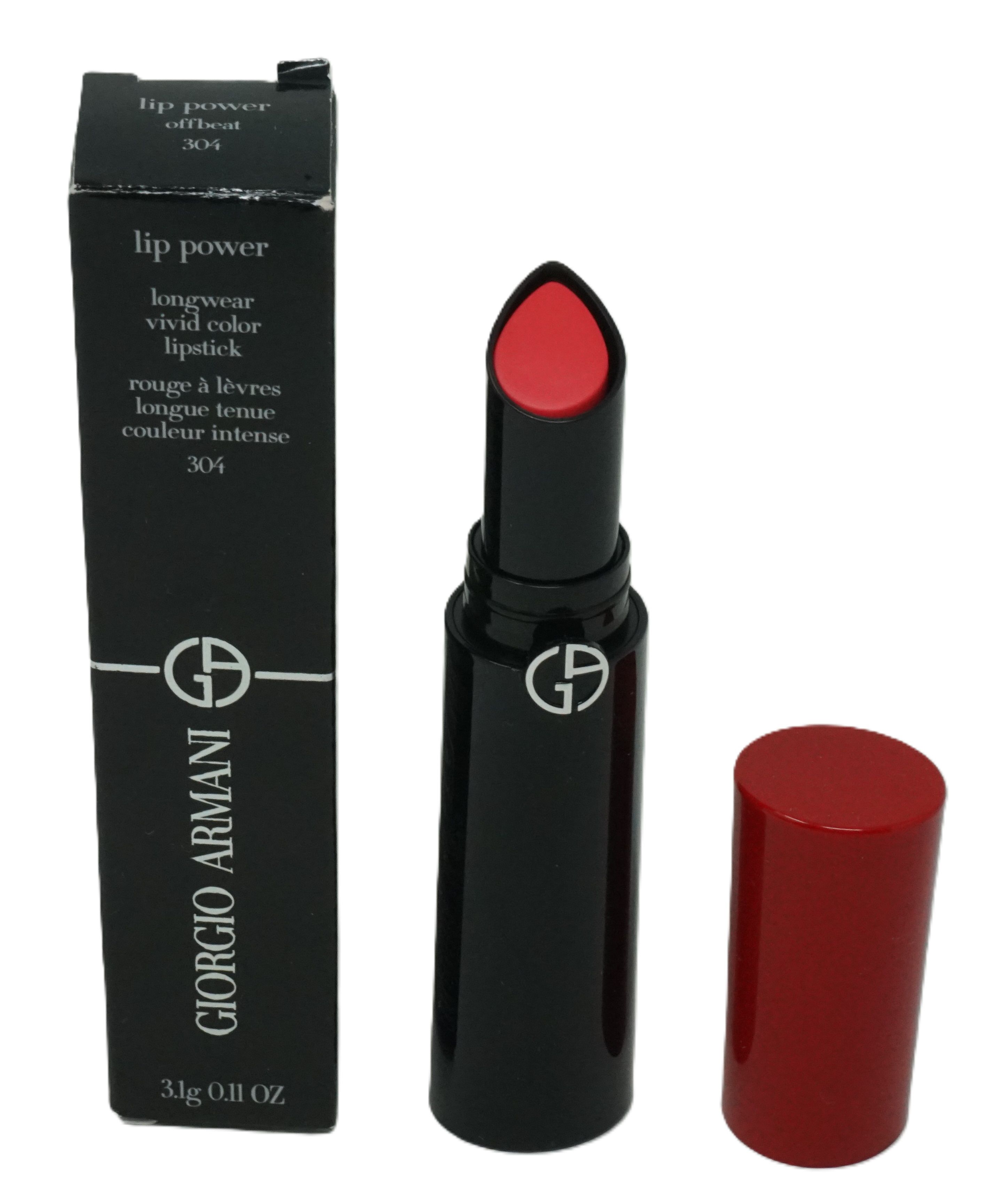 Roter Lippenstift mit schwarzer Hülle und roter Kappe. Auf der Verpackung steht "GIORGIO ARMANI lip power".