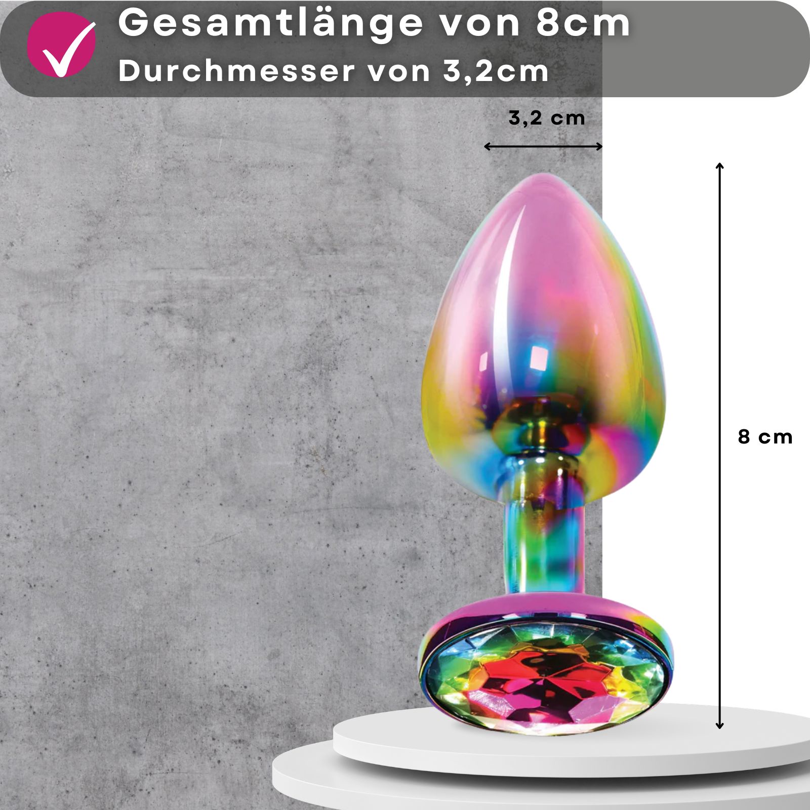 Analplug, Metall, Multicolor, Zierstein. Text: Gesamtlänge von 8cm, Durchmesser von 3,2cm.