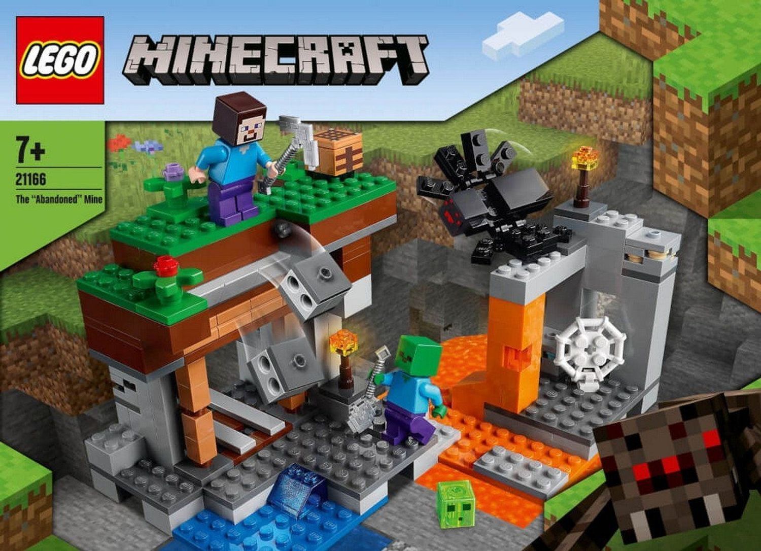 LEGO Minecraft 21166. Set mit Figuren und Mine. Verpackung zeigt das Set mit Figuren und Mine.