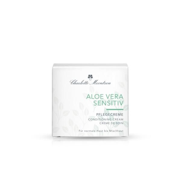 Weißer Tiegel mit Deckel, Produktverpackung. Aufschrift: Charlotte Meentzen, Aloe Vera Sensitiv Pflegecreme. Floral Muster.