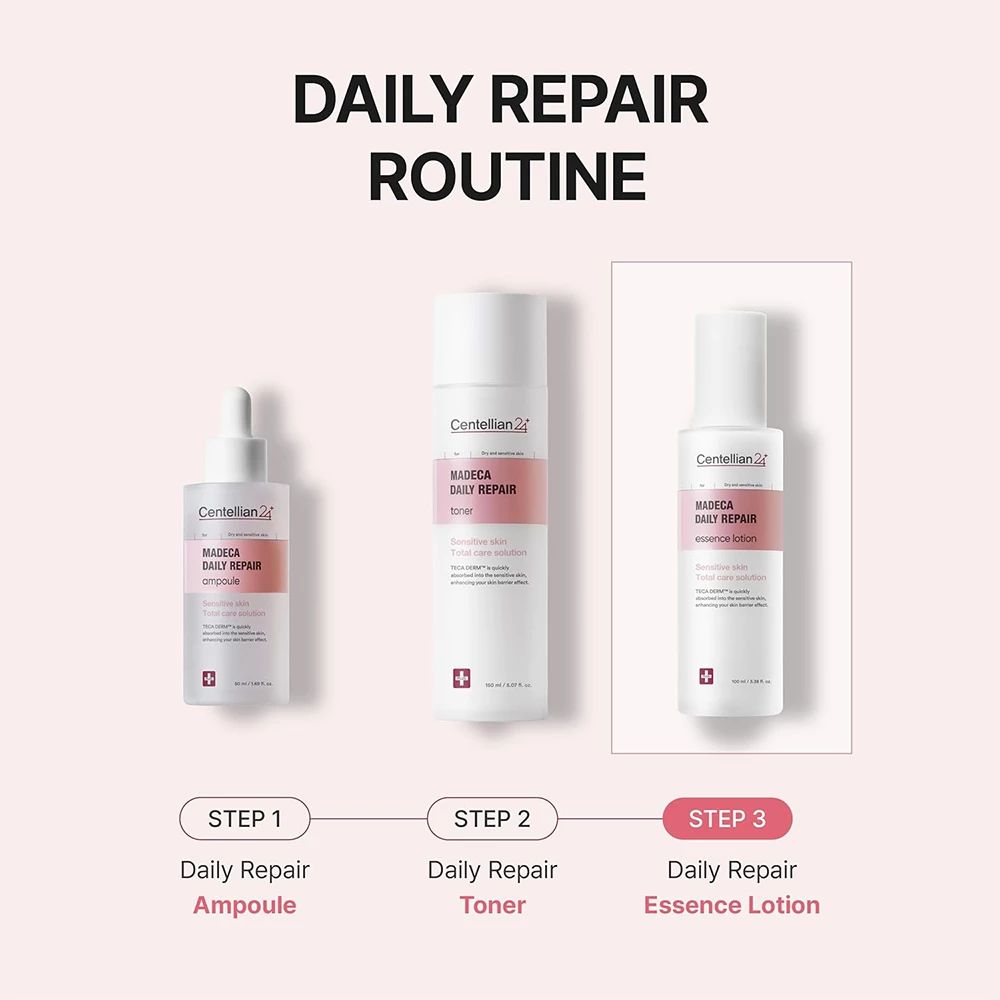 Drei Produkte in einer Reihe. Ampulle, Toner und Essence Lotion. Aufschrift: Madeca Daily Repair. Marke: Centellian 24. Rosa Hintergrund.