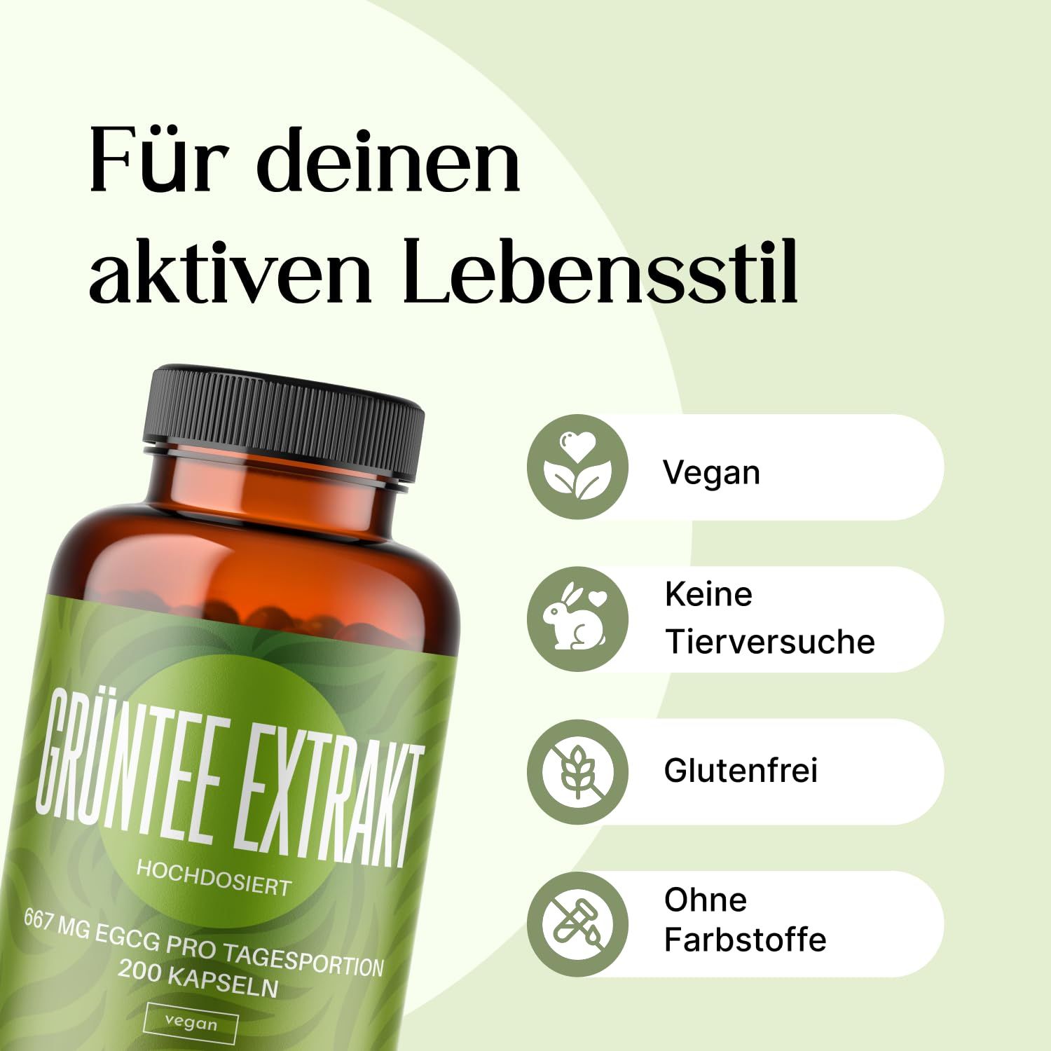 Braunglasflasche mit grünem Etikett. Aufschrift: Grüntee Extrakt, 200 Kapseln. Symbole: Vegan, keine Tierversuche, glutenfrei, ohne Farbstoffe.