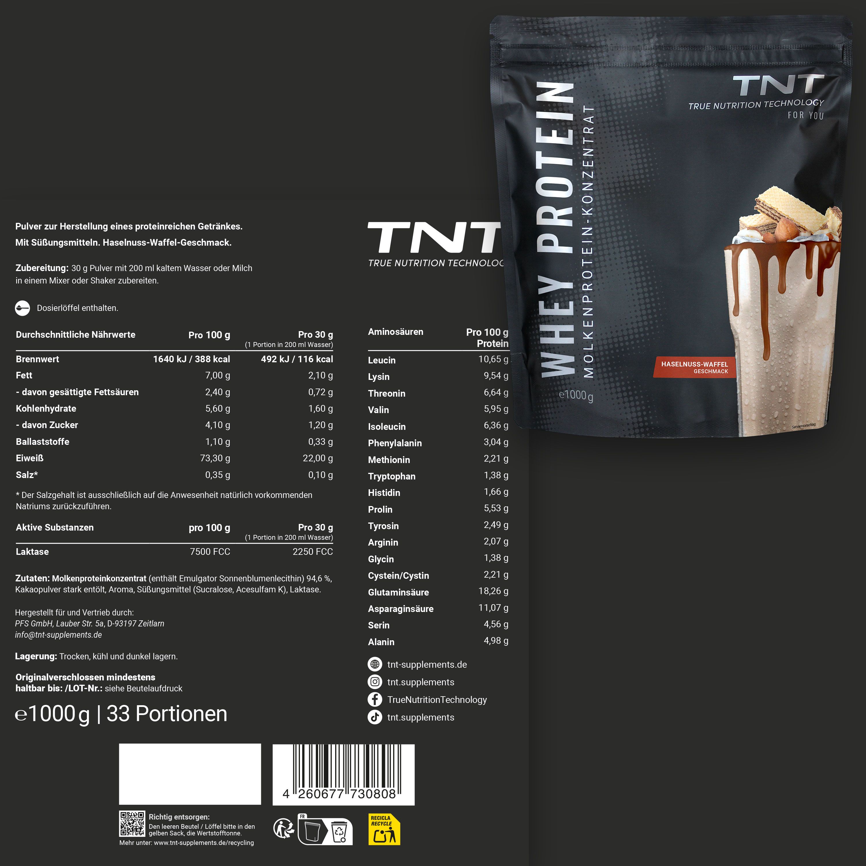 TNT Whey Protein Konzentrat Packung und Nährwerttabelle. Text: 33 Portionen, e1000g. Aufdruck: TNT True Nutrition Technology.