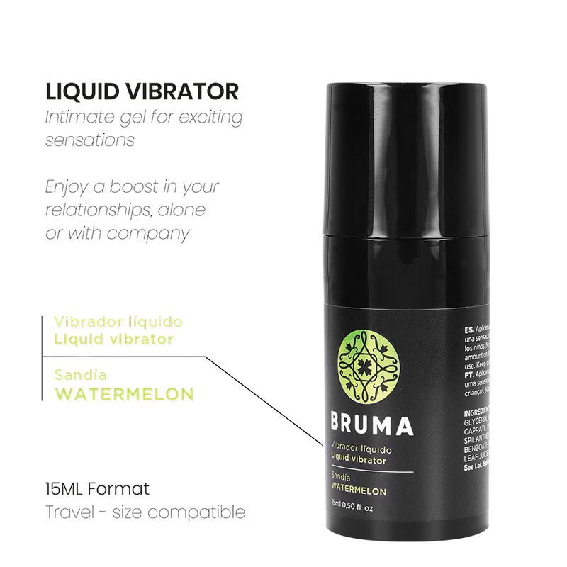 Schwarzer Spender mit "BRUMA" Logo, "Liquid Vibrator" und "WATERMELON" Aufschrift. 15ml Format.