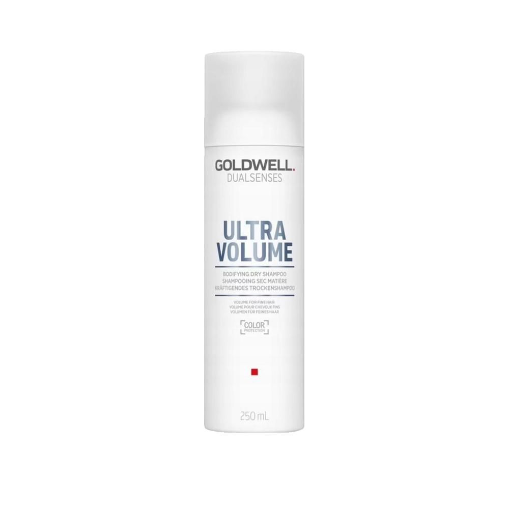 Goldwell Dualsenses Ultra Volume Trockenshampoo. Weiße Sprühflasche mit Produktnamen und Volumenangabe. Color-Zertifizierung.