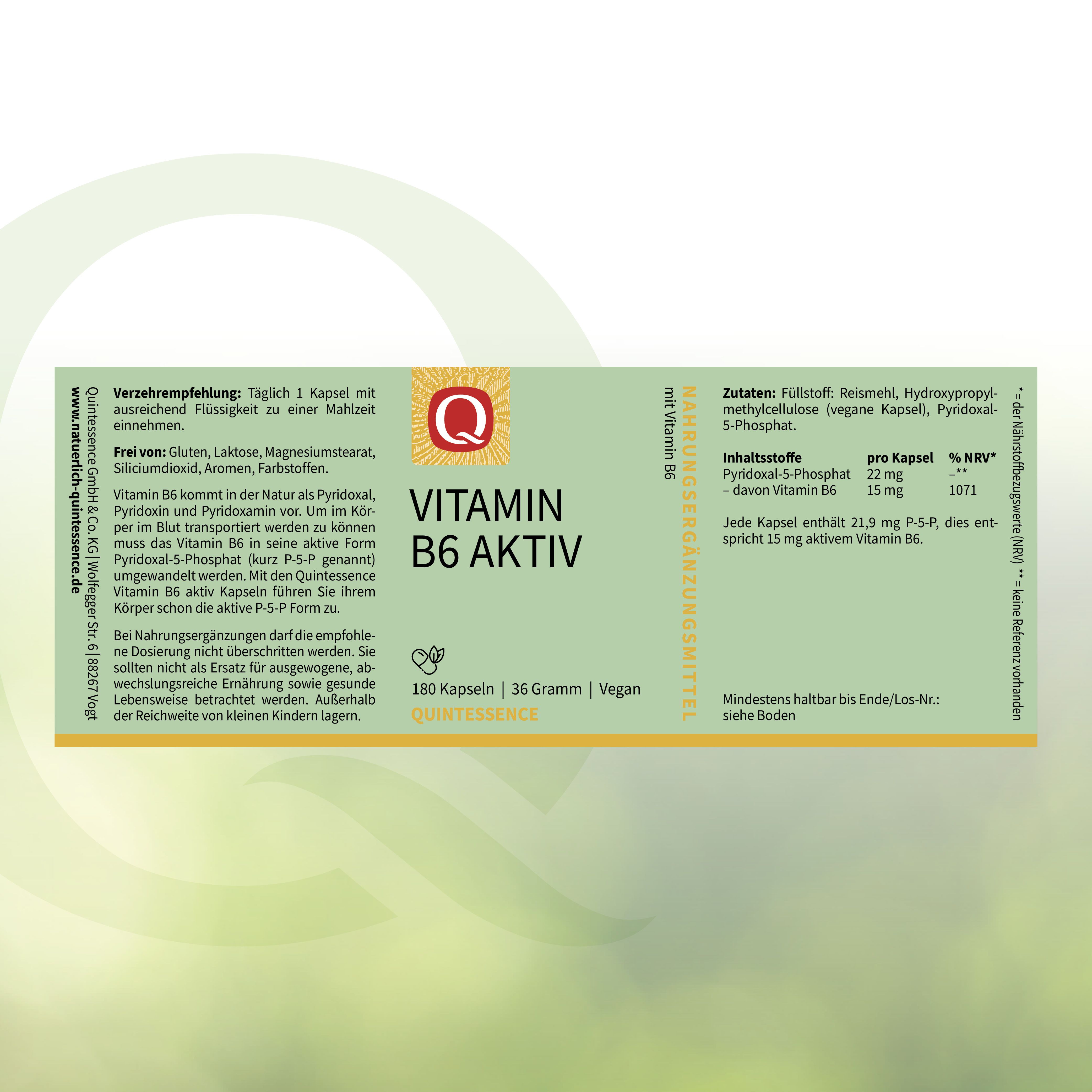 Etikett mit "Vitamin B6 aktiv" und "Quintessence". Enthält Informationen zu Inhaltsstoffen und Dosierung.