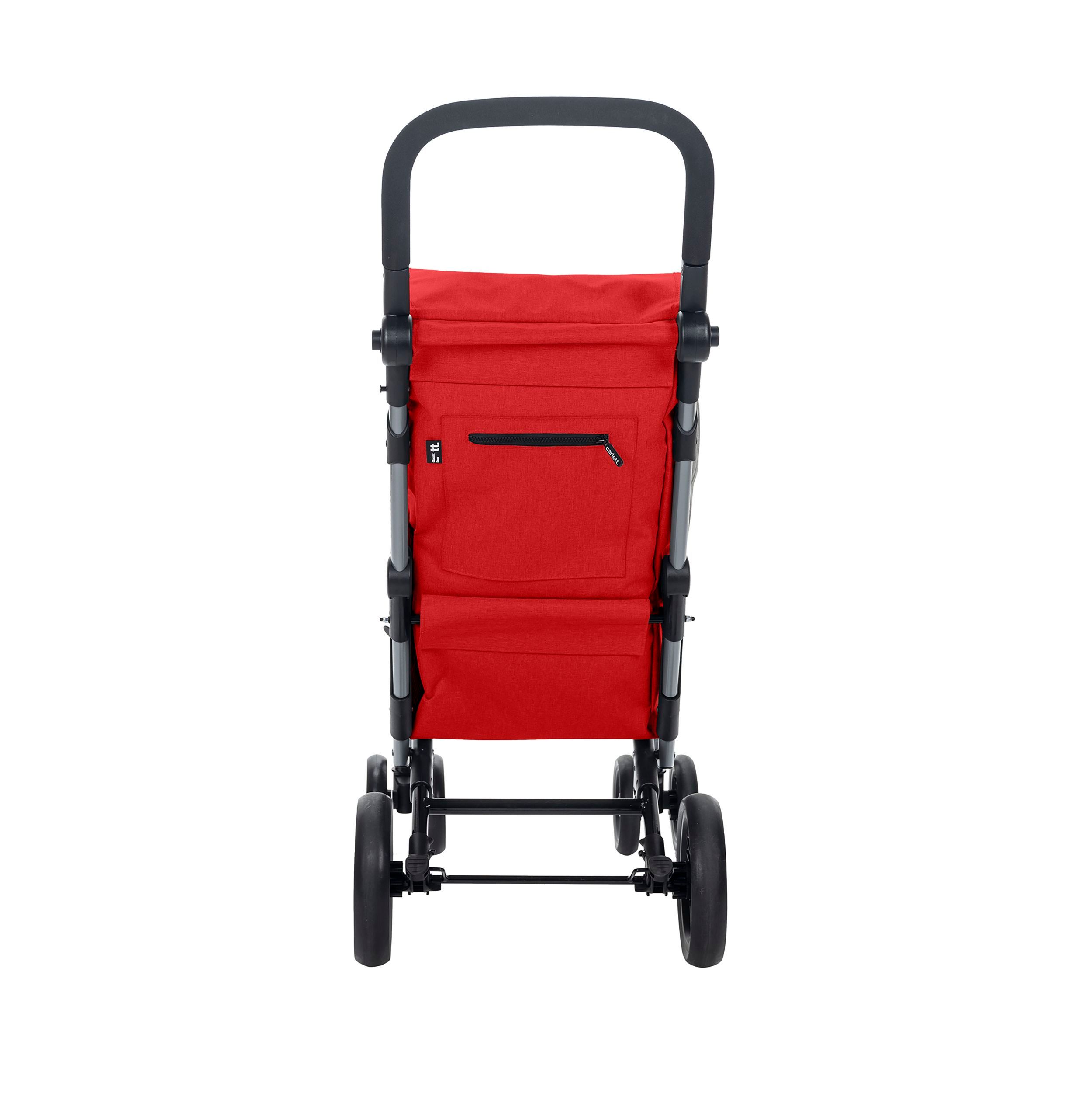 Roter Einkaufstrolley mit schwarzem Griff und Tasche. Vier Räder, silberfarbenes Gestell.
