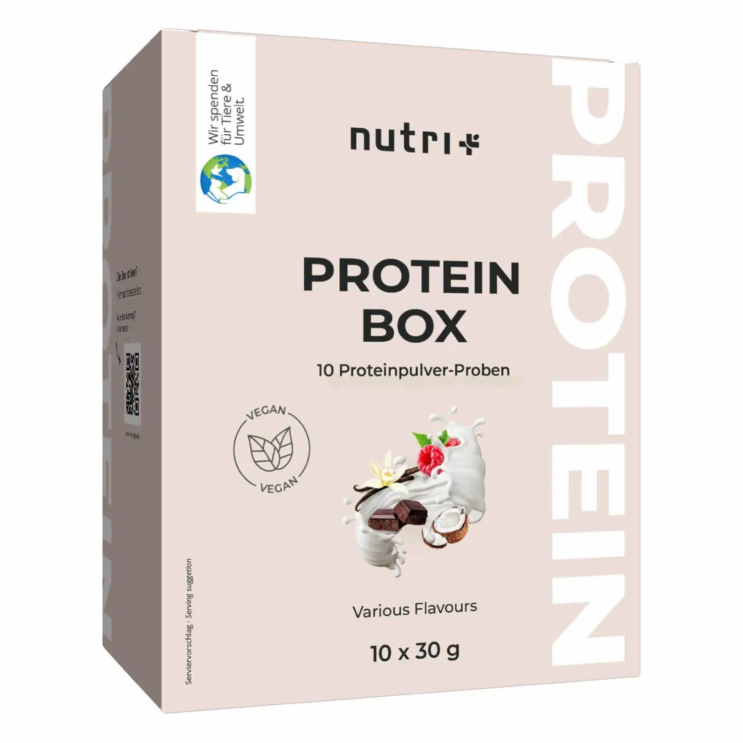 Protein Box mit 10 Proben. Vegan-Siegel. Verschiedene Geschmacksrichtungen. 10 x 30 g. Marke nutri+.