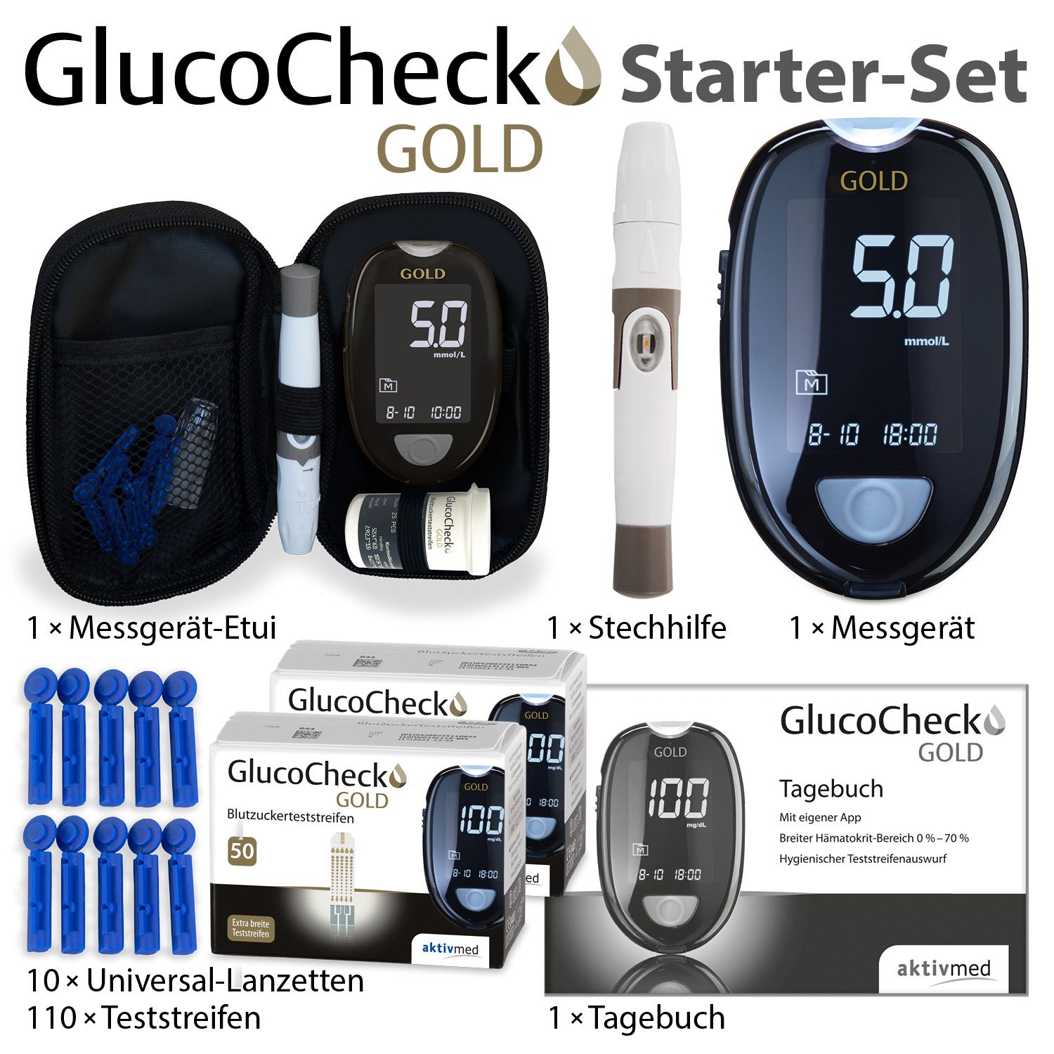 GlucoCheck GOLD Messgerät (mmol/L) + 110 Teststreifen