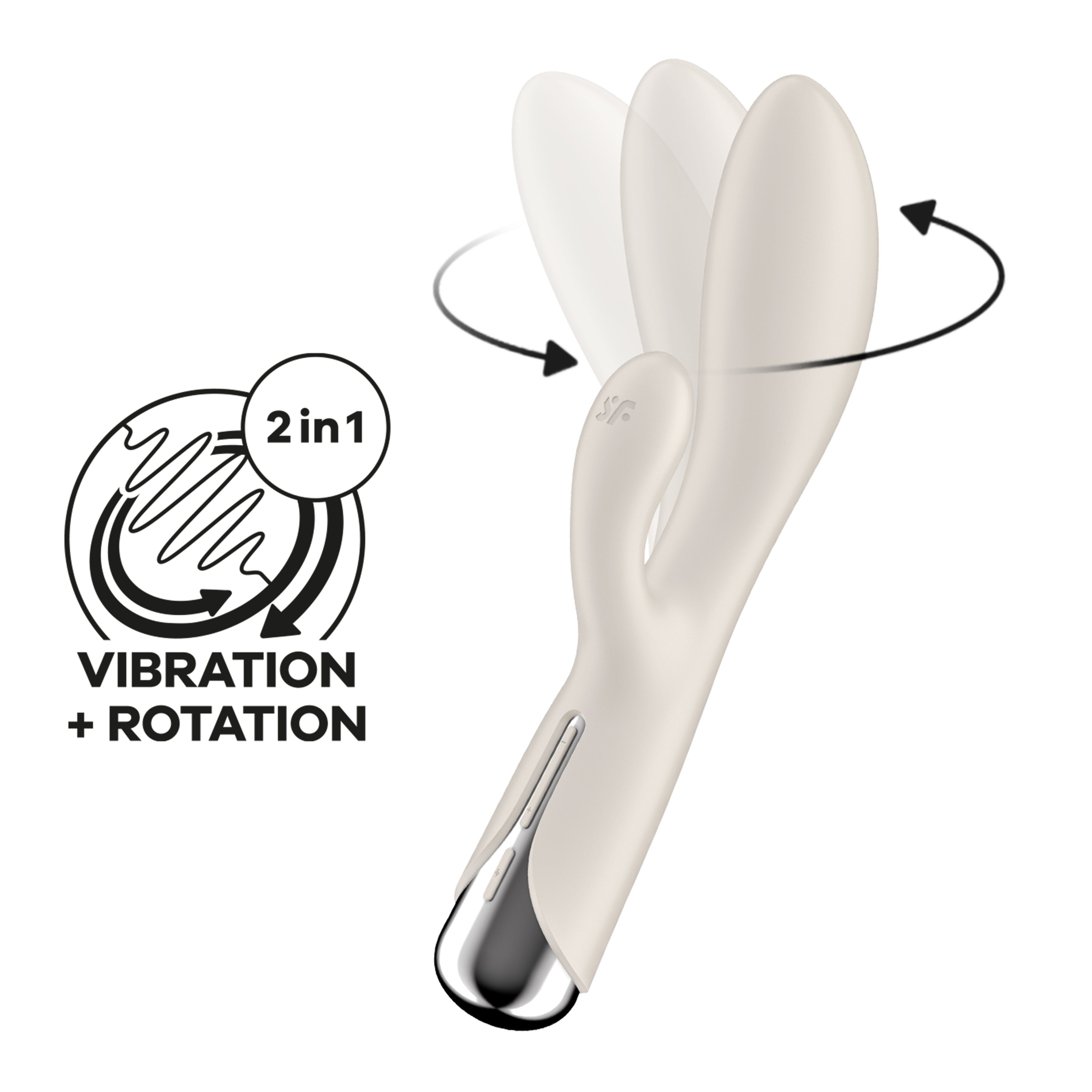 Weißes Wellness-Produkt mit rotierendem Element. Silberfarbener Abschluss. 2in1-Funktion: Vibration + Rotation.