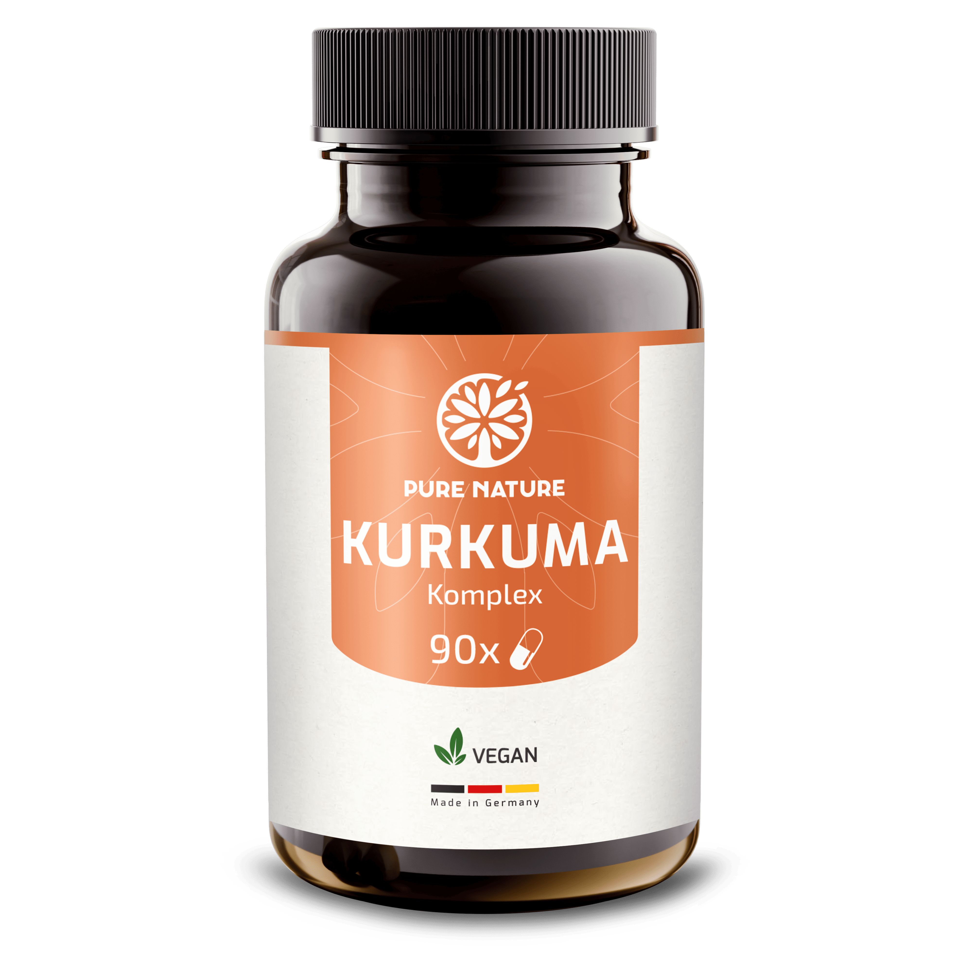 Braune Glasflasche mit schwarzem Deckel, Etikett mit "Pure Nature Kurkuma Komplex 90x" und "VEGAN" Siegel.