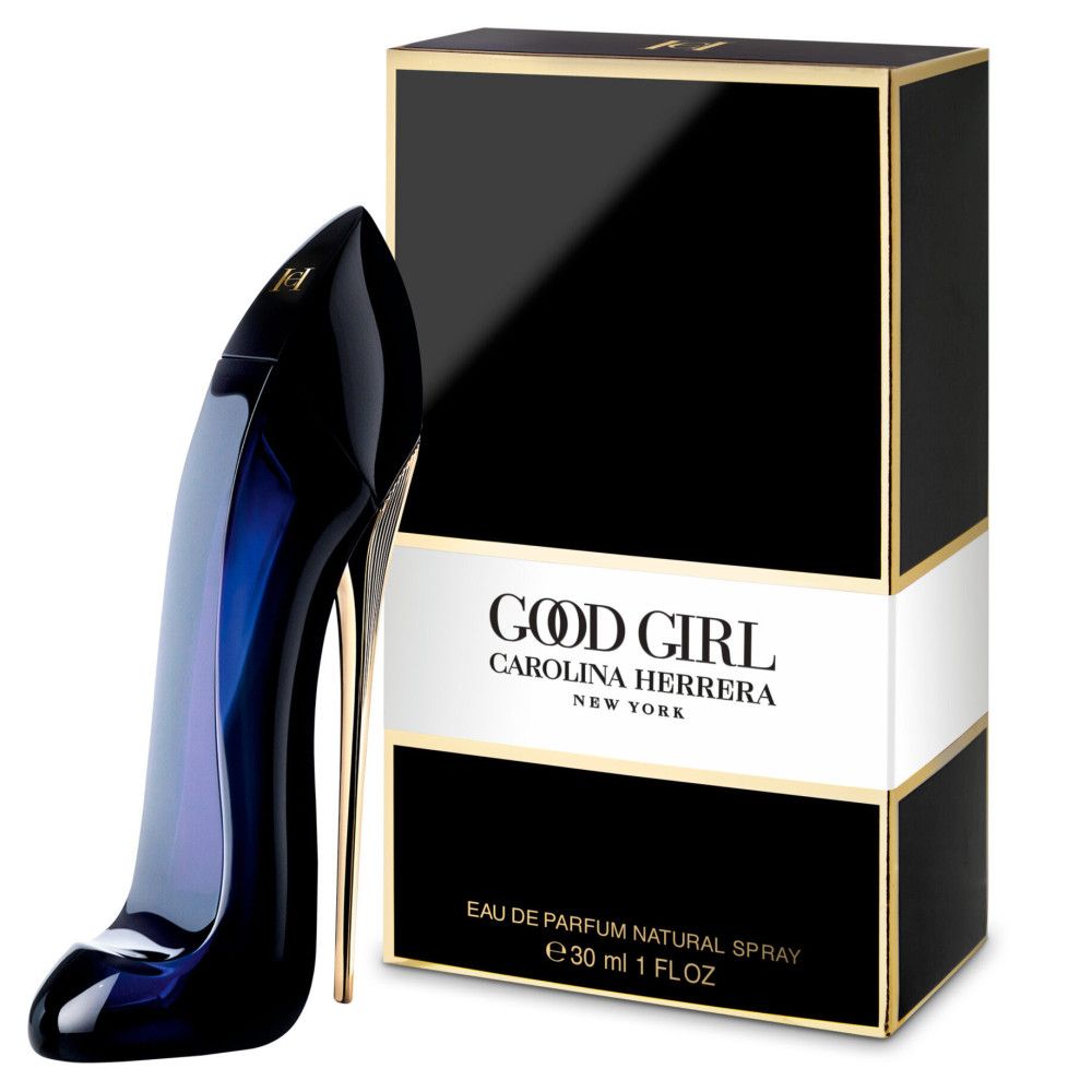 Blauer High Heel Flakon und schwarze Verpackung. Goldene Details. Aufschrift: Good Girl, Carolina Herrera.