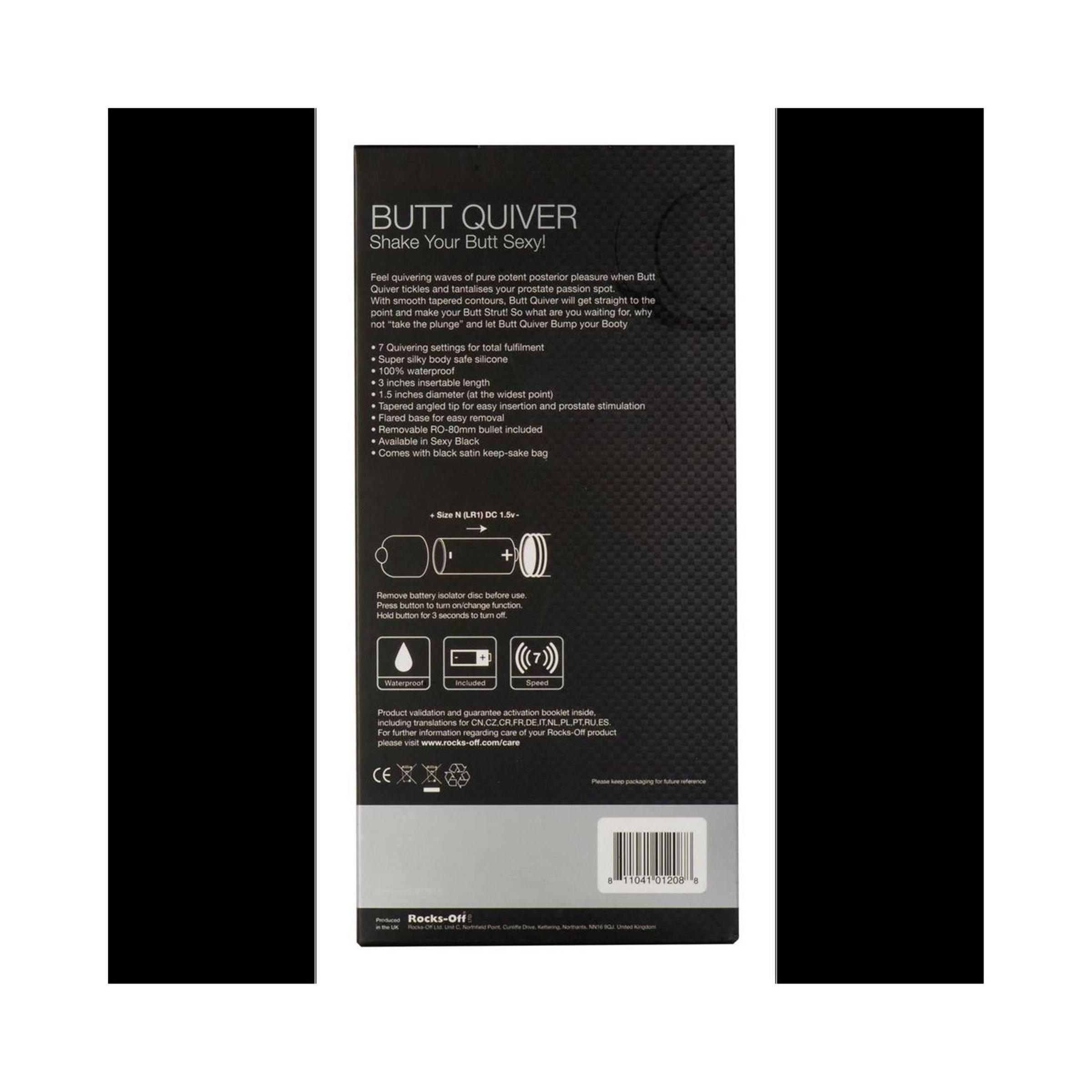 Rückseite der Produktverpackung. Text: Butt Quiver. Produktinformationen, Illustrationen, CE-Kennzeichnung, Barcode. Marke: Rocks-Off.